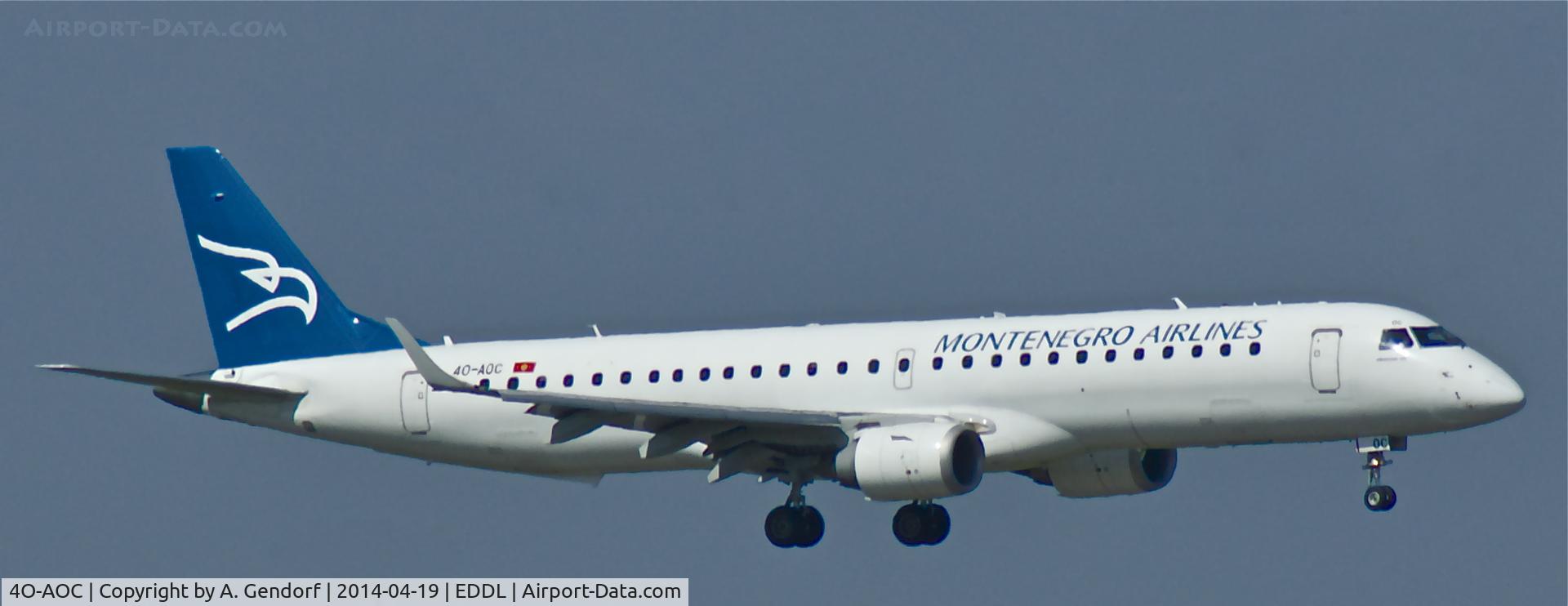 4O-AOC, 2010 Embraer 195LR (ERJ-190-200LR) C/N 19000358, Montenegro Airlines, seen here on short finals RWY 05L at Düsseldorf Int'l(EDDL)