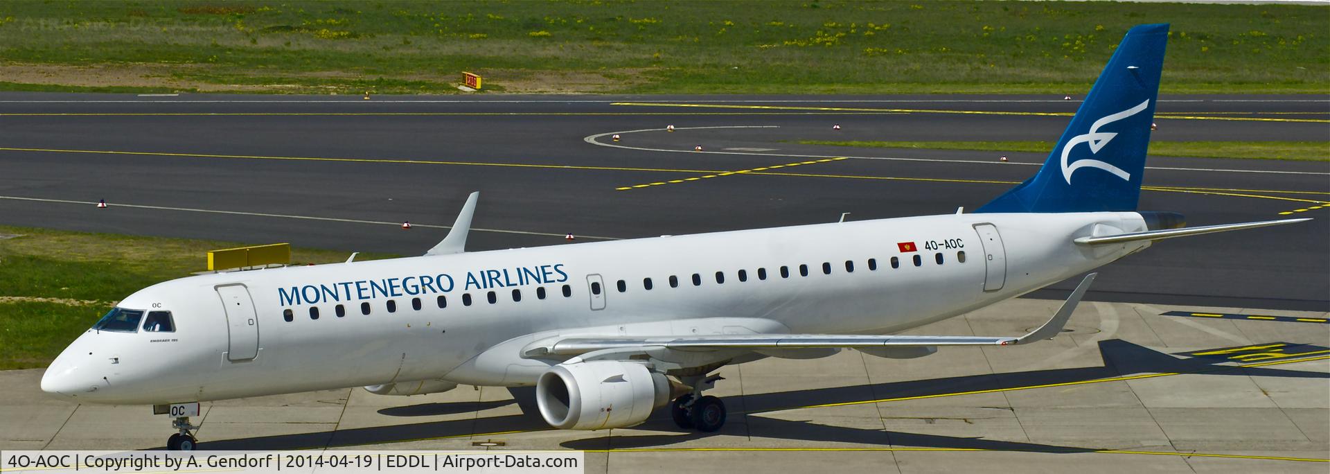 4O-AOC, 2010 Embraer 195LR (ERJ-190-200LR) C/N 19000358, Montenegro Airlines, is here taxiing to the gate at Düsseldorf Int'l(EDDL)