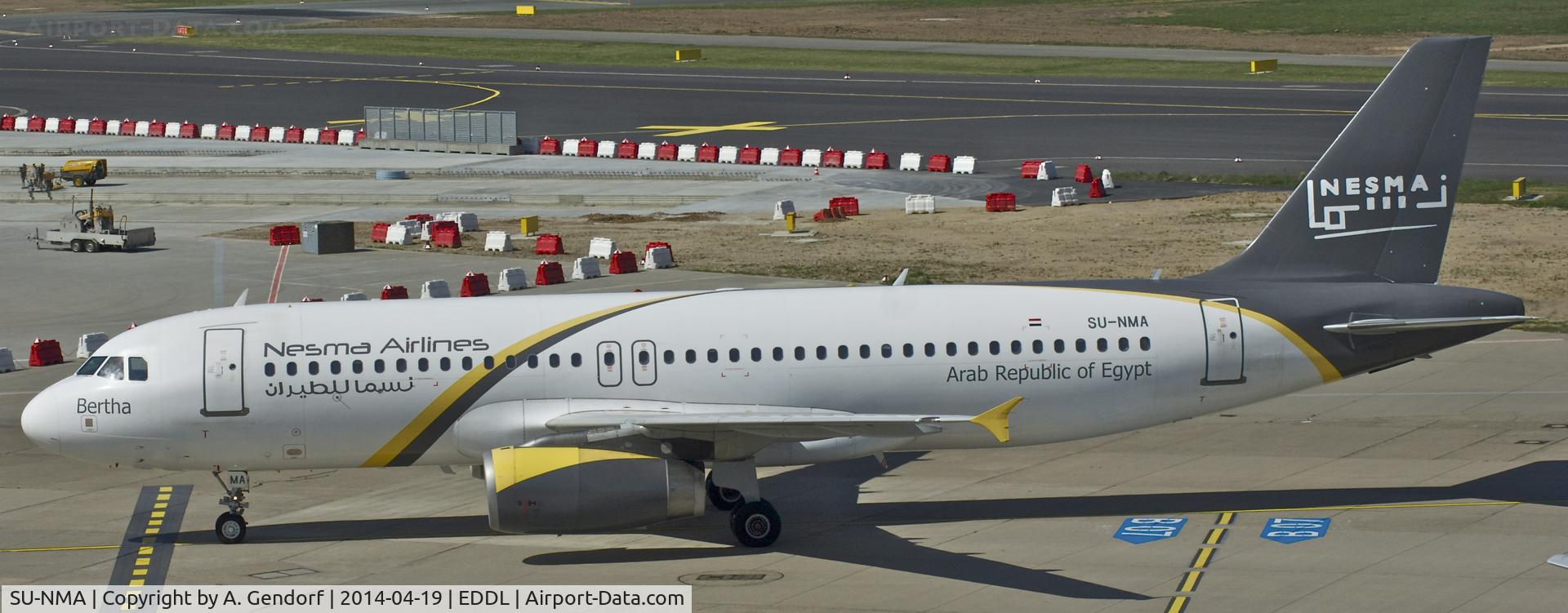 SU-NMA, 2002 Airbus A320-232 C/N 1697, Nesma Airlines, is here taxiing to the gate at Düsseldorf Int'l(EDDL)