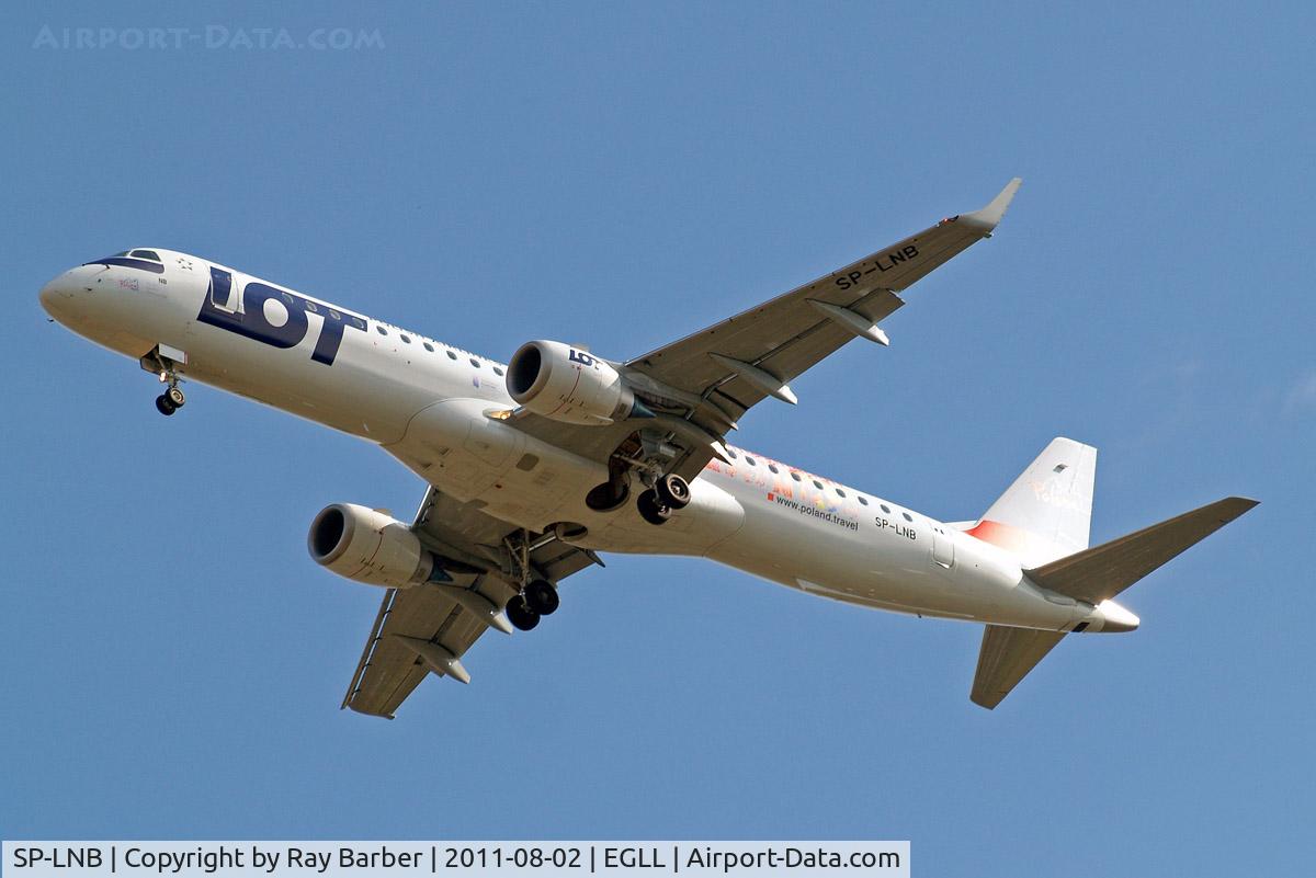 SP-LNB, 2011 Embraer 195LR (ERJ-190-200LR) C/N 19000444, Embraer Emb.195-200LR [19000444] (LOT Polish Airlines) Home~G 02/08/2011. On approach 27R.