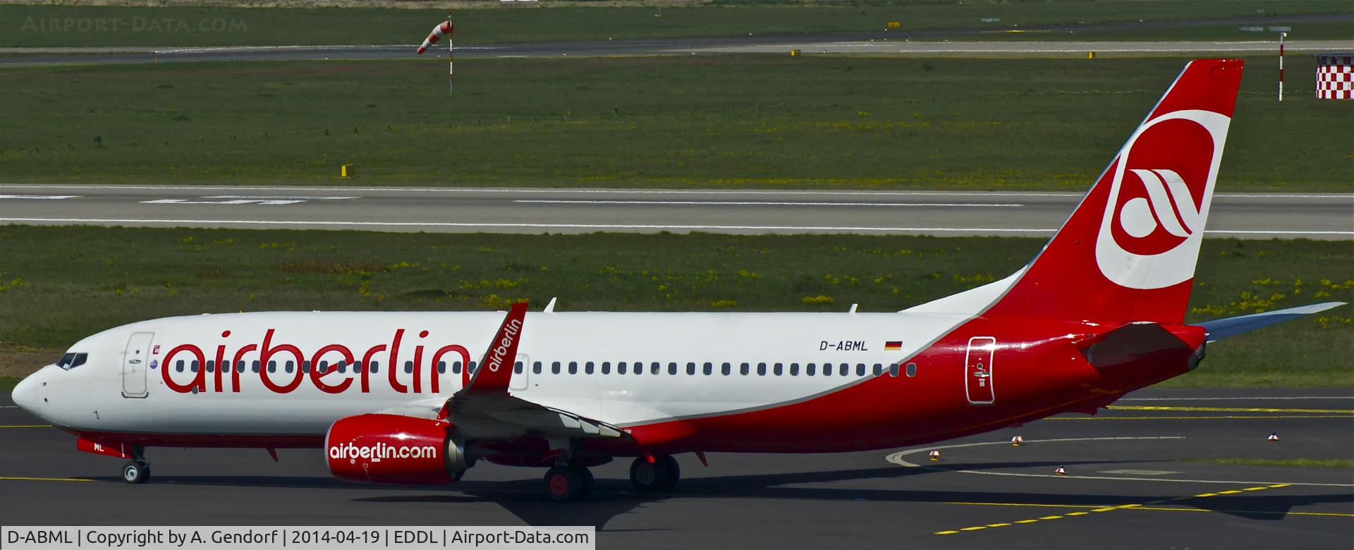 D-ABML, 2012 Boeing 737-86J C/N 37773, Air Berlin, is here on the taxiway to RWY 05R for departure at Düsseldorf Int'l(EDDL)