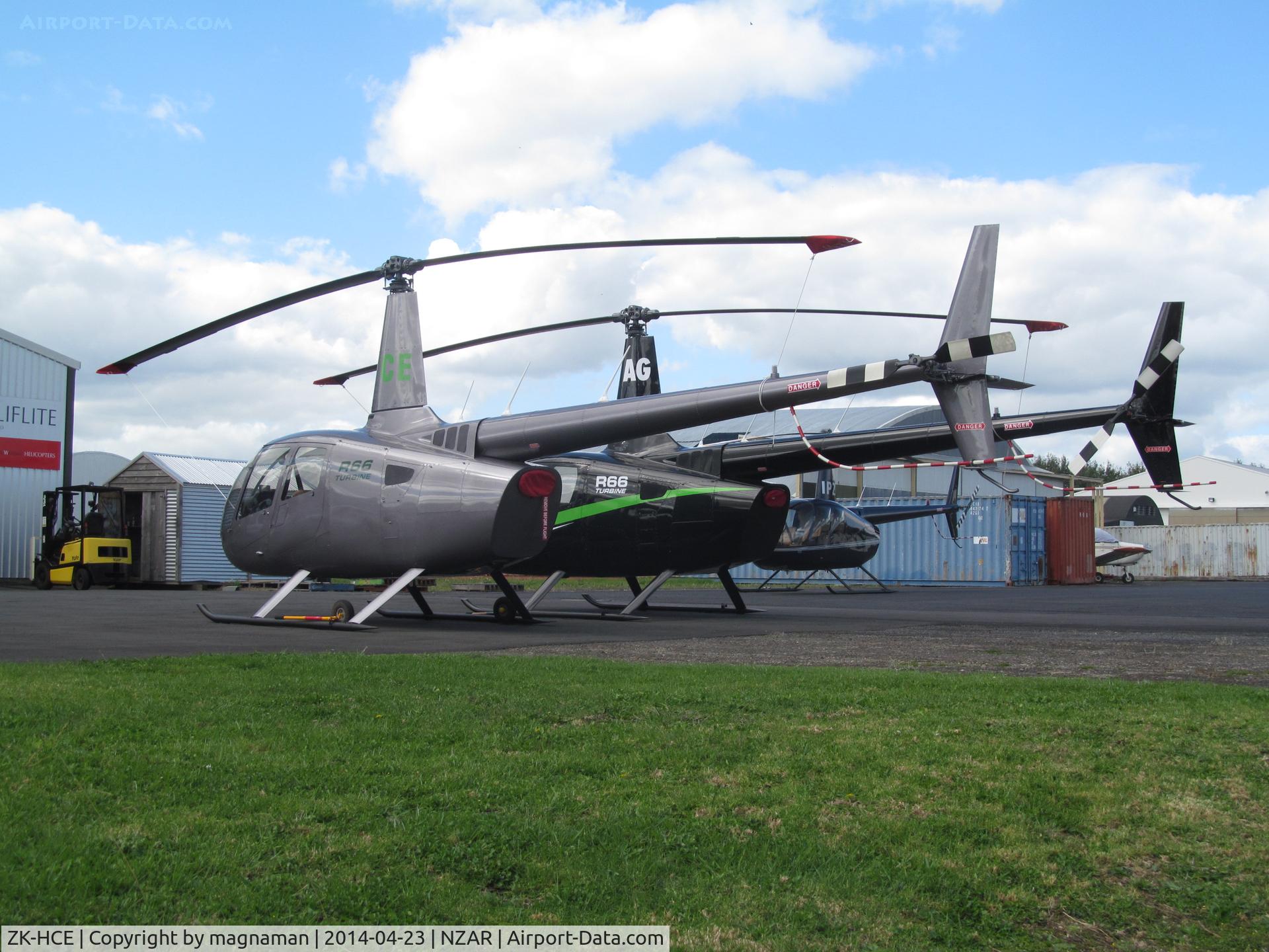 ZK-HCE, Robinson R22 Beta C/N 1602, Not a R22 but a R66 c/n 0206   with ZK-HAG another R66 adjacent.