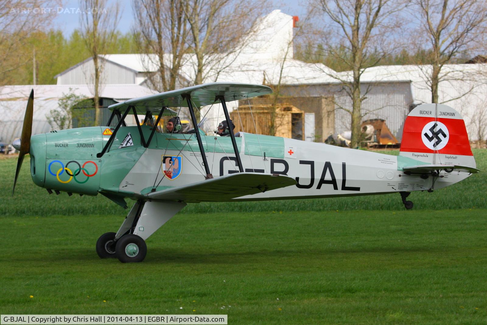 G-BJAL, 1957 Bucker 1-131E Jungmann C/N 1028, at Breighton's 'Early Bird' Fly-in 13/04/14