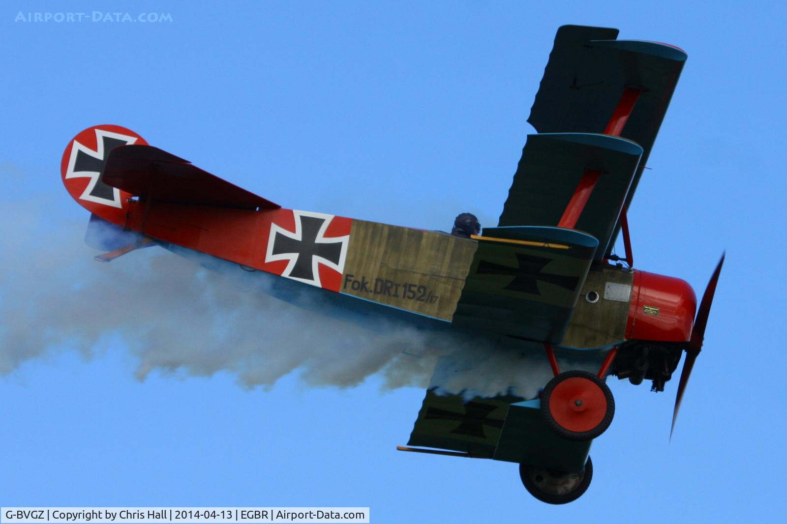 G-BVGZ, 1994 Fokker Dr.1 Triplane Replica C/N PFA 238-12654, at Breighton's 'Early Bird' Fly-in 13/04/14
