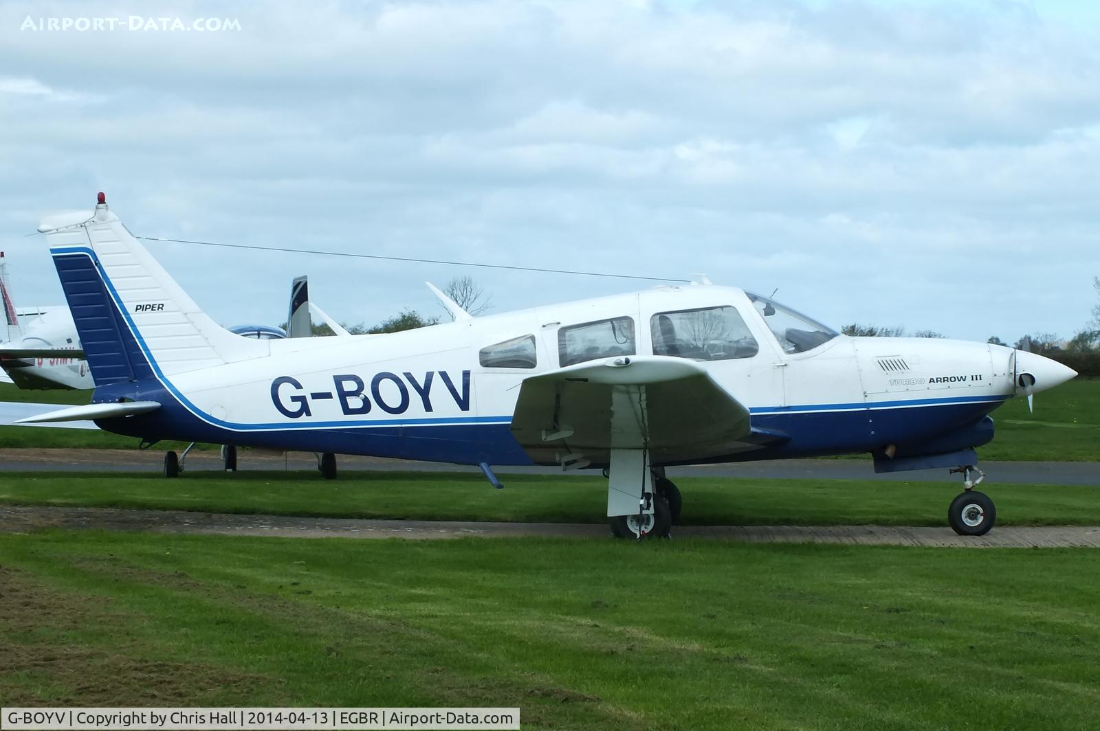 G-BOYV, 1977 Piper PA-28R-201T Turbo Cherokee Arrow III C/N 28R-7703014, at Breighton's 'Early Bird' Fly-in 13/04/14