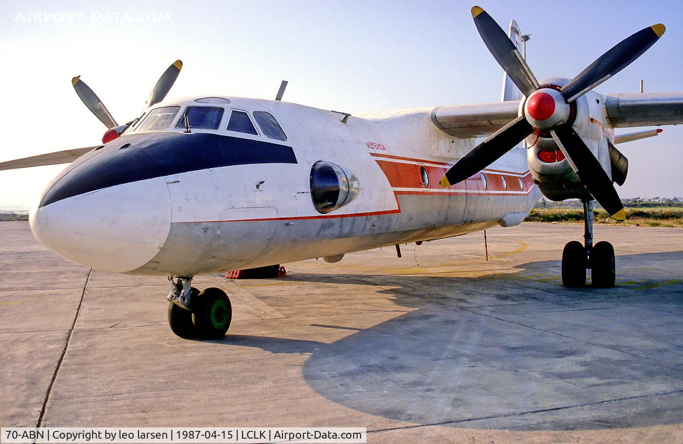 70-ABN, Antonov An-26 C/N Not found 70-ABN, Larnaca Cyprus 15.4.87
with s/n 615 Alyemda/Yemen AF