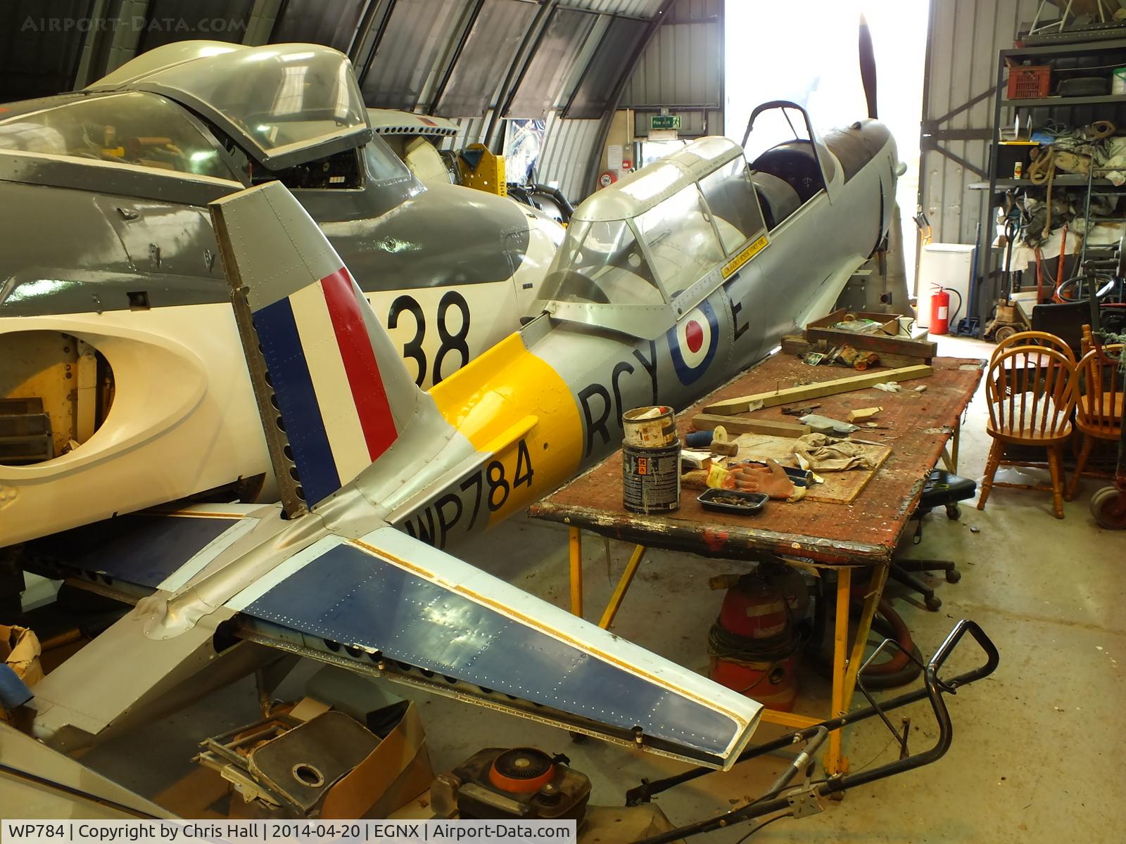 WP784, 1952 De Havilland Chipmunk T10 C/N C1/0674, under restoration at the East Midlands Aeropark