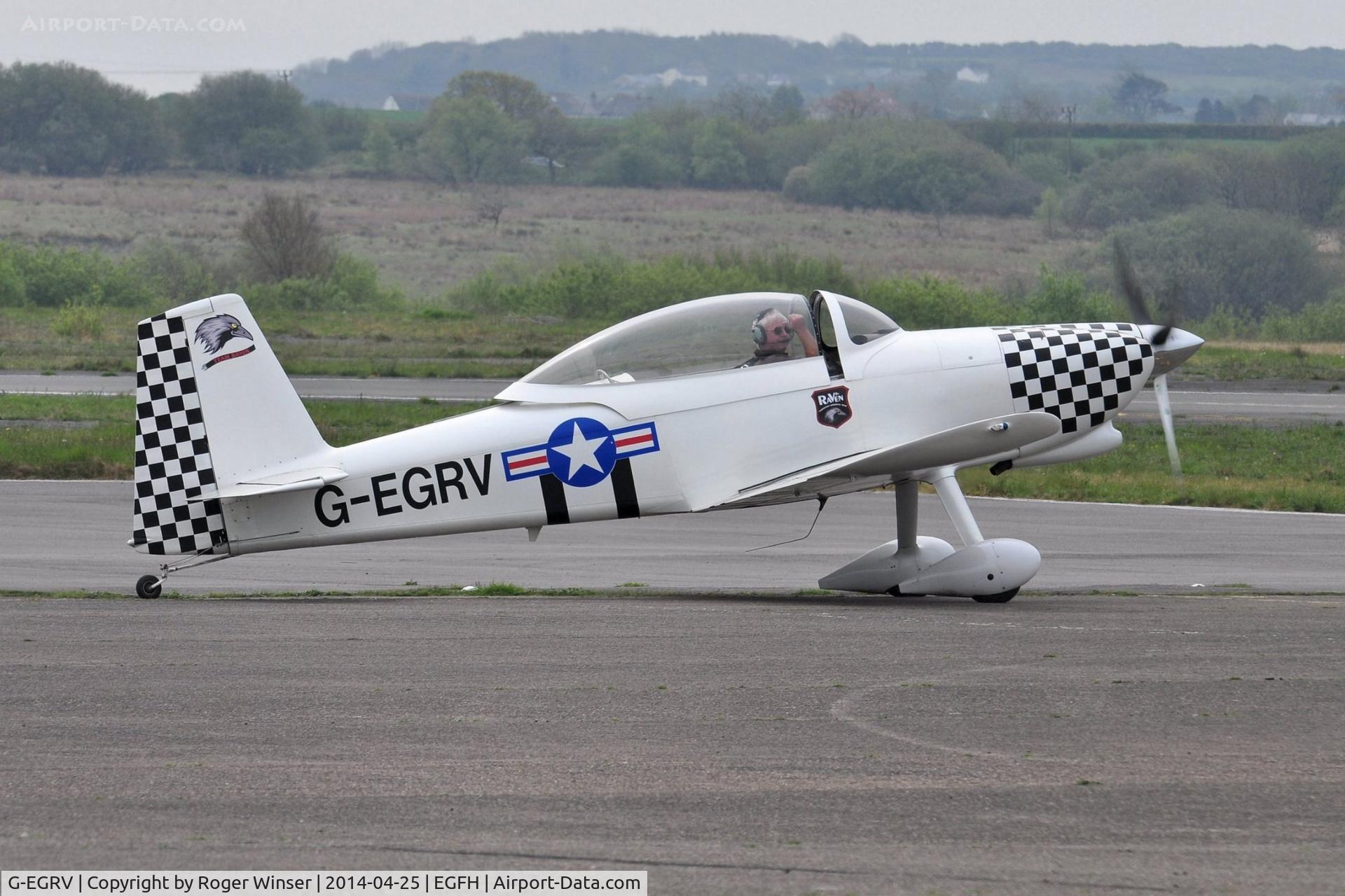 G-EGRV, 2007 Vans RV-8 C/N PFA 303-13639, Resident RV-8 in Team Raven markings. G-EGRV is Raven 3 in the recently formed 5-ship formation aerobatic display team. Departing the airport for 2-ship formation practice.