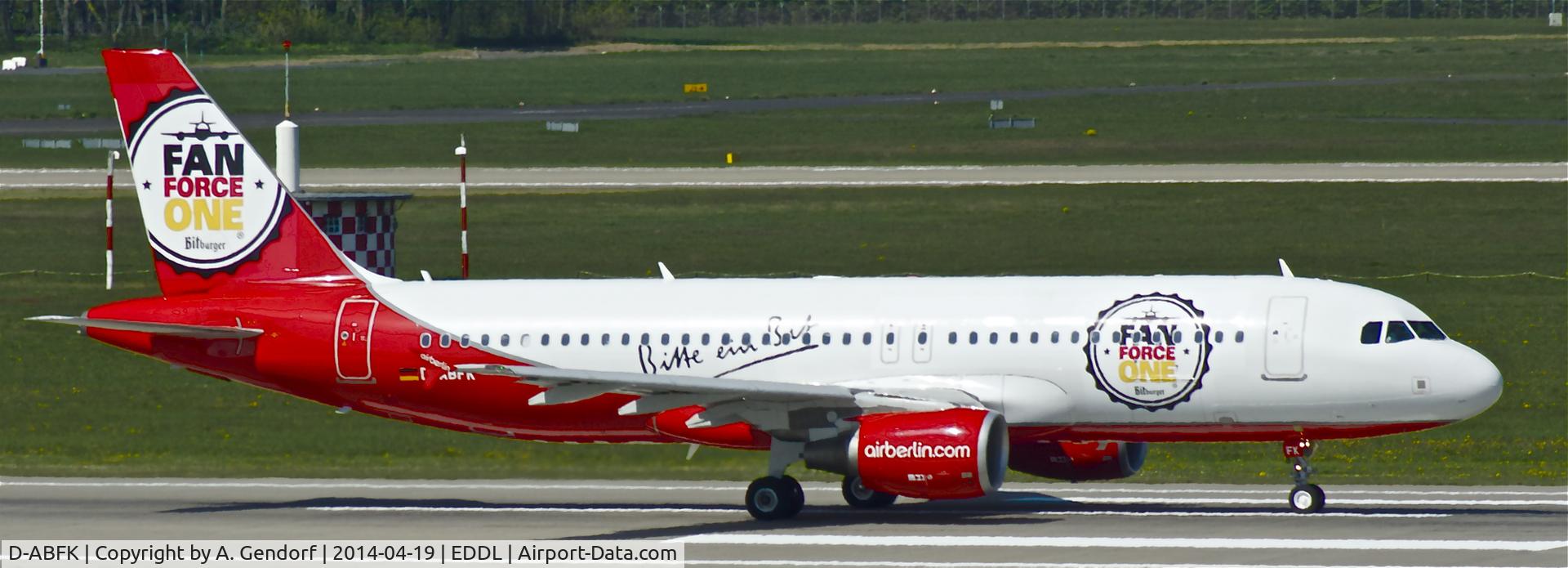 D-ABFK, 2010 Airbus A320-214 C/N 4433, Air Berlin (Fan Force One cs.), this Jet was setted up especially for the soccer world championship in Brasil this year by Air Berlin and the Bitburger Brewery, to fly fans to Brasil, see it here departing at Düsseldorf Int'l(EDDL)