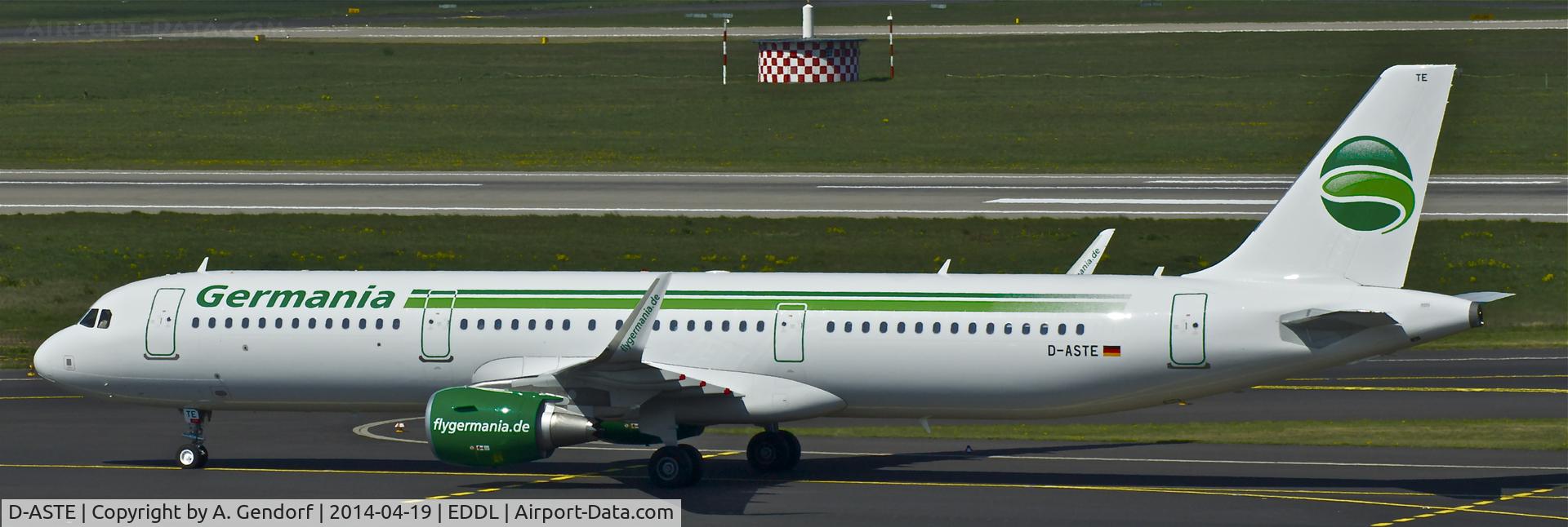 D-ASTE, 2014 Airbus A321-211 C/N 6005, Germania, is here taxiing to the gate at Düsseldorf Int'l(EDDL)