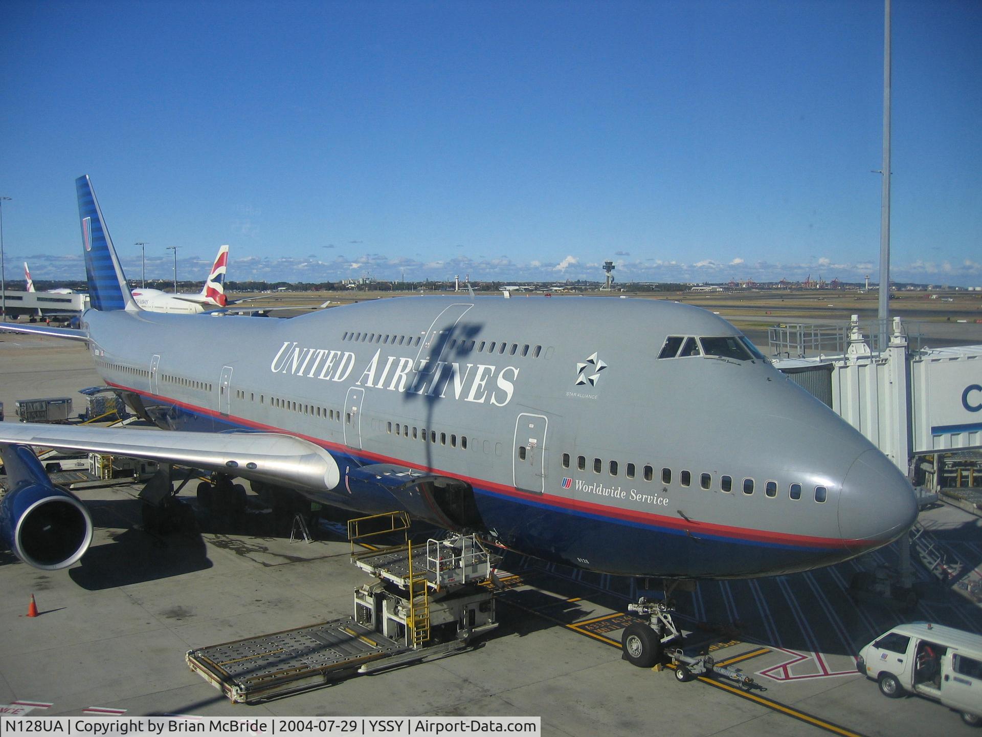 N128UA, 2000 Boeing 747-422 C/N 30023, United Airlines. 747-422. N128UA 8128 cn 30023 1245. Sydney - Kingsford Smith International (Mascot) (SYD YSSY). Image © Brian McBride. 29 July 2004