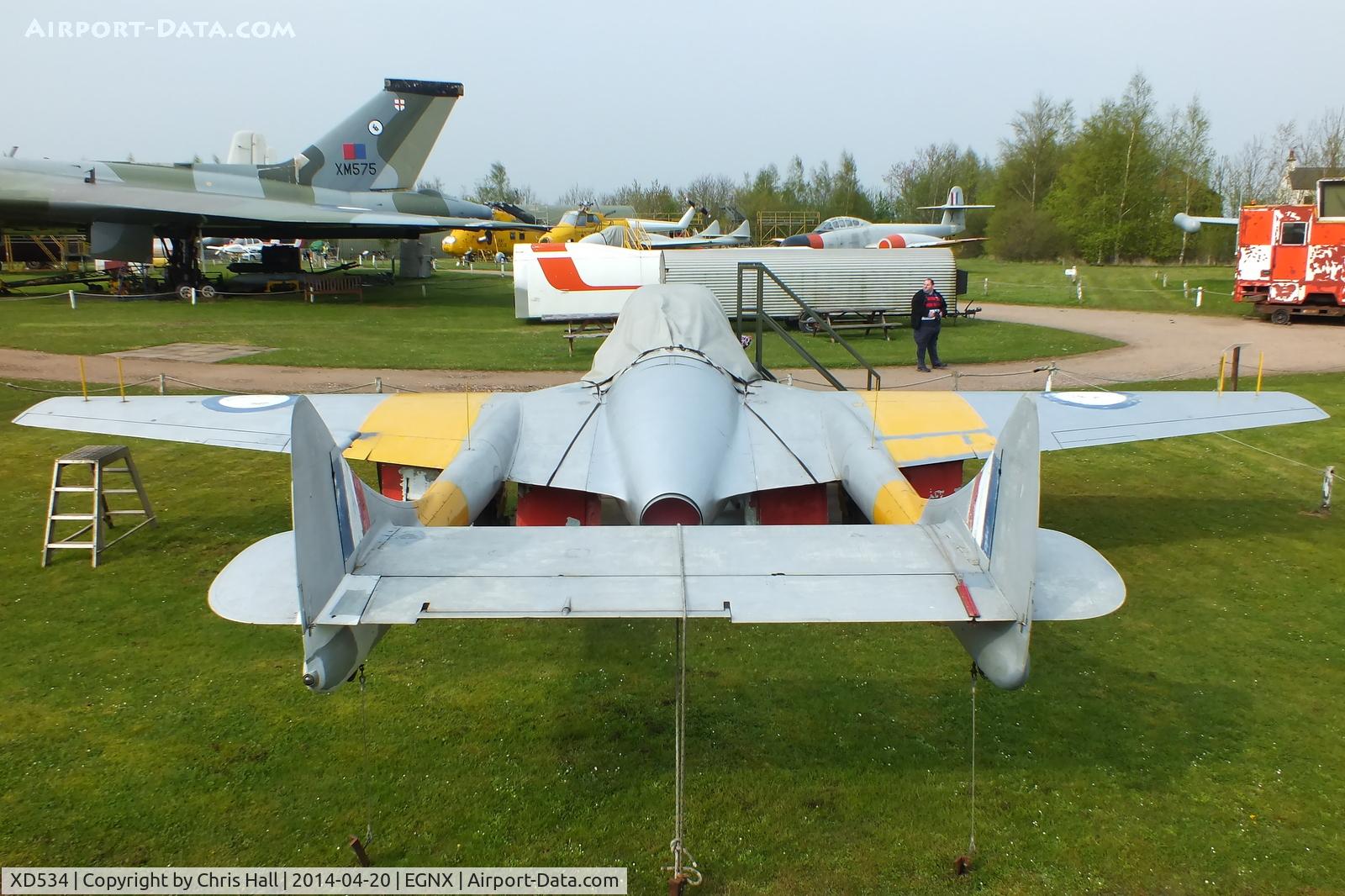 XD534, 1954 De Havilland Vampire T11 C/N 15279, composite made from the fuselage of XD534 with booms and wings from XD382, Preserved at the East Midlands Aeropark