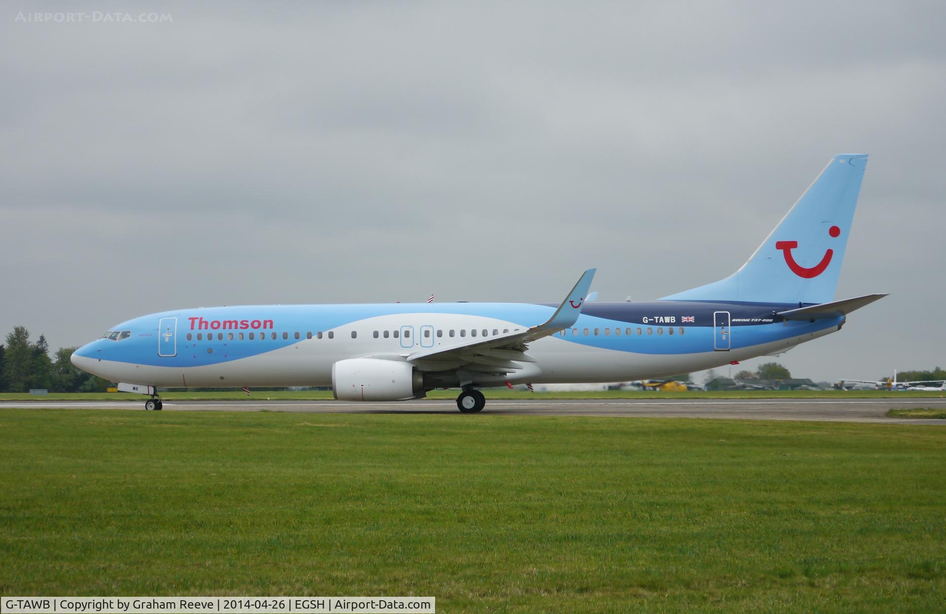 G-TAWB, 2012 Boeing 737-8K5 C/N 37242, Fresh out of spray and about to depart.