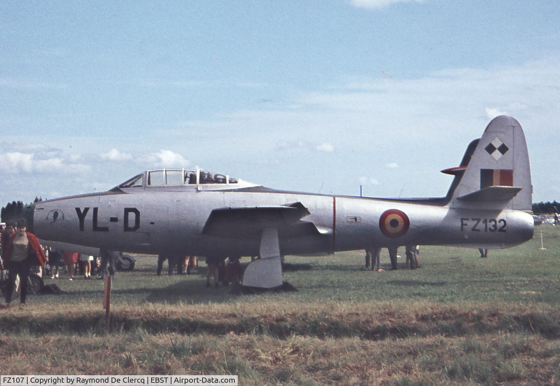 FZ107, 1951 Republic F-84G Thunderjet C/N 2442-1120B, This is the same aircraft wearing YL-D  FZ132 markings in the static display at the airshow Brustem in June 1968.