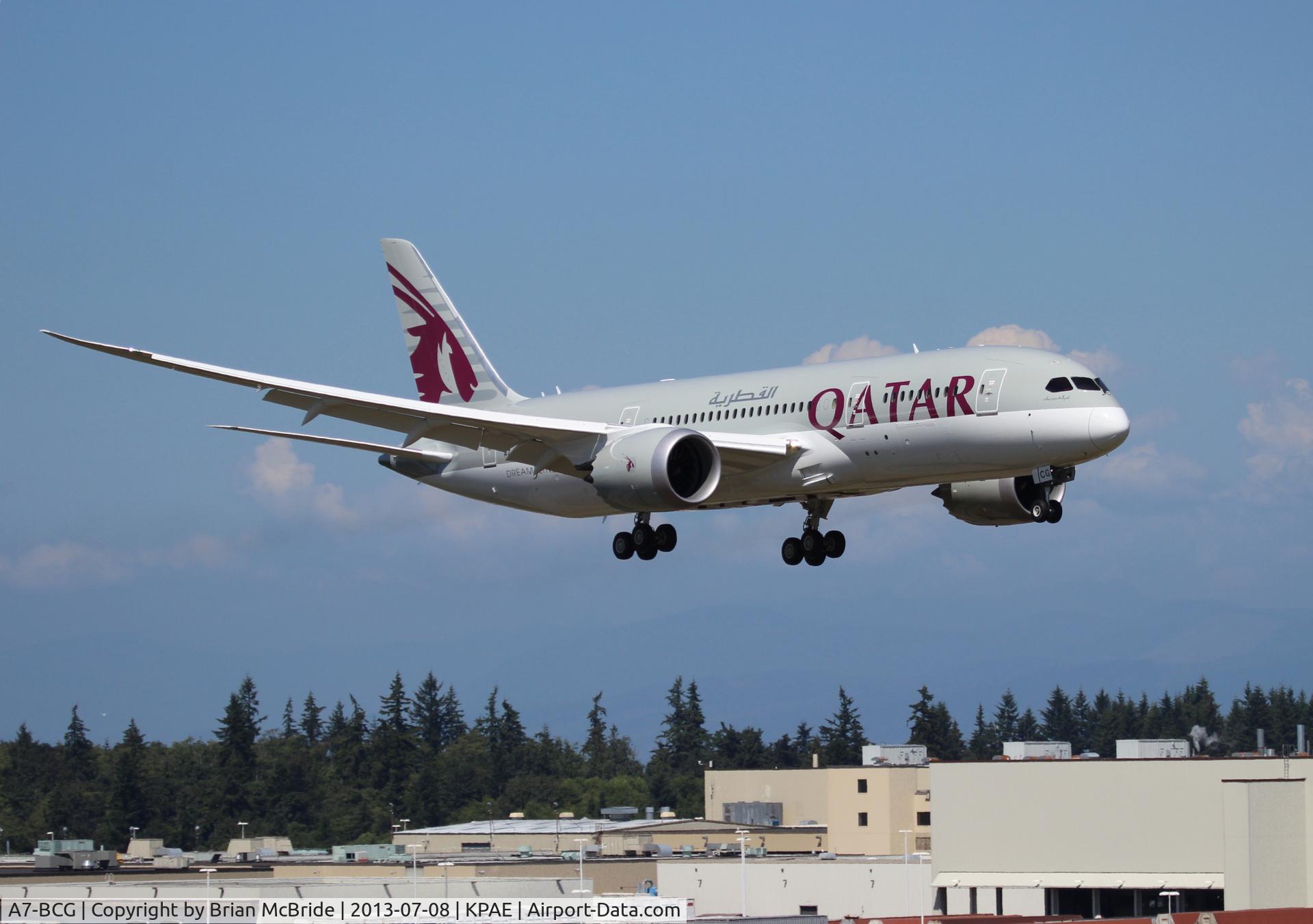 A7-BCG, 2013 Boeing 787-8 Dreamliner C/N 38325, Qatar Airways. 787-8 Dreamliner. A7-BCG cn 38325 116. Everett - Snohomish County Paine Field (PAE KPAE). Image © Brian McBride. 08 July 2013