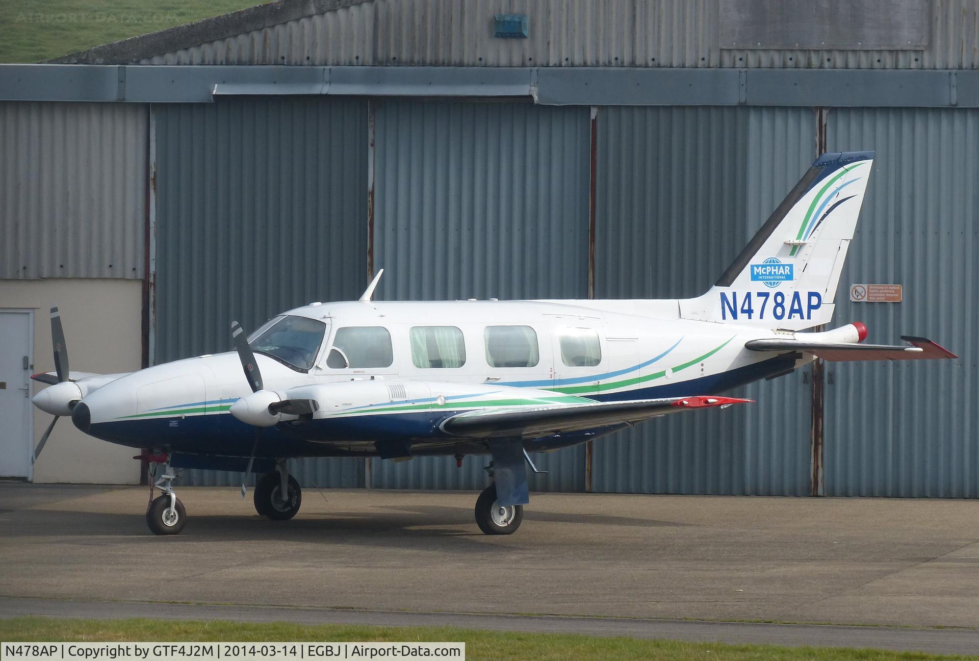 N478AP, Piper PA-31-310 Navajo Navajo C/N 31-7400993, N478AP  parked at Staverton 14.3.14 used for Aerial survey work