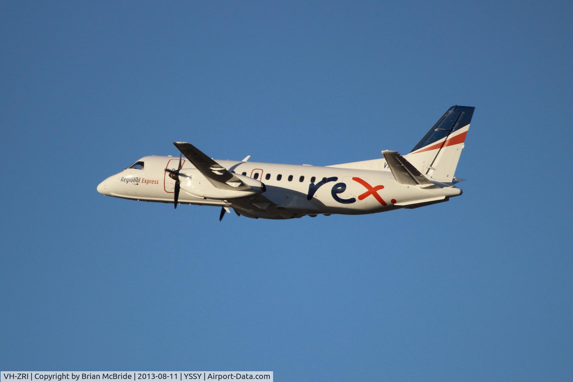 VH-ZRI, 1996 Saab 340B C/N 340B-394, REX - Regional Express. Saab 340B. VH-ZRI cn 340B-394. Sydney - Kingsford Smith International (Mascot) (SYD YSSY). Image © Brian McBride. 11 August 2013