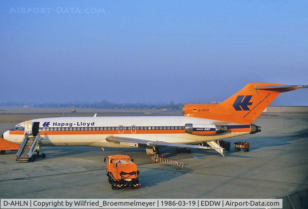 D-AHLN, 1966 Boeing 727-81 C/N 18952, Hapag Lloyd / Scan from Fuji RJ100 / Parked at Bremen Airport.