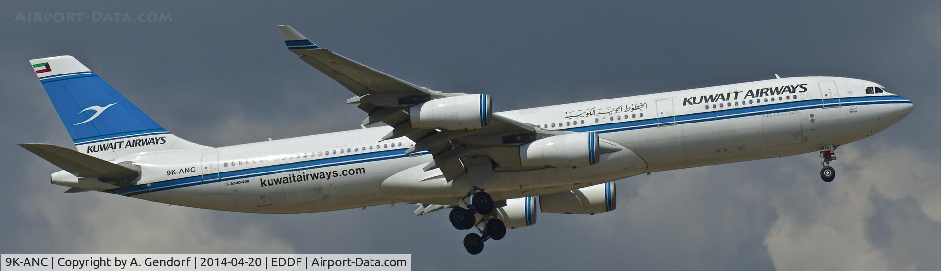 9K-ANC, 1995 Airbus A340-313 C/N 101, Kuwait Airways, is here completing the flight from Kuwait City Int'l Airport(OKBK)