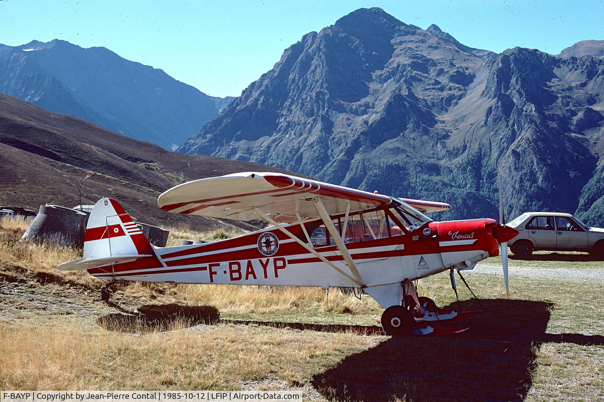 F-BAYP, Piper PA-18A-150 Super Cub C/N 185-486, Seen here at Peyresourde, Pyrénées, southern France in 1985, F-BAYP landed on the Mont-Blanc summit (elev 4810 m / 15780 ft) on 1960-06-23.