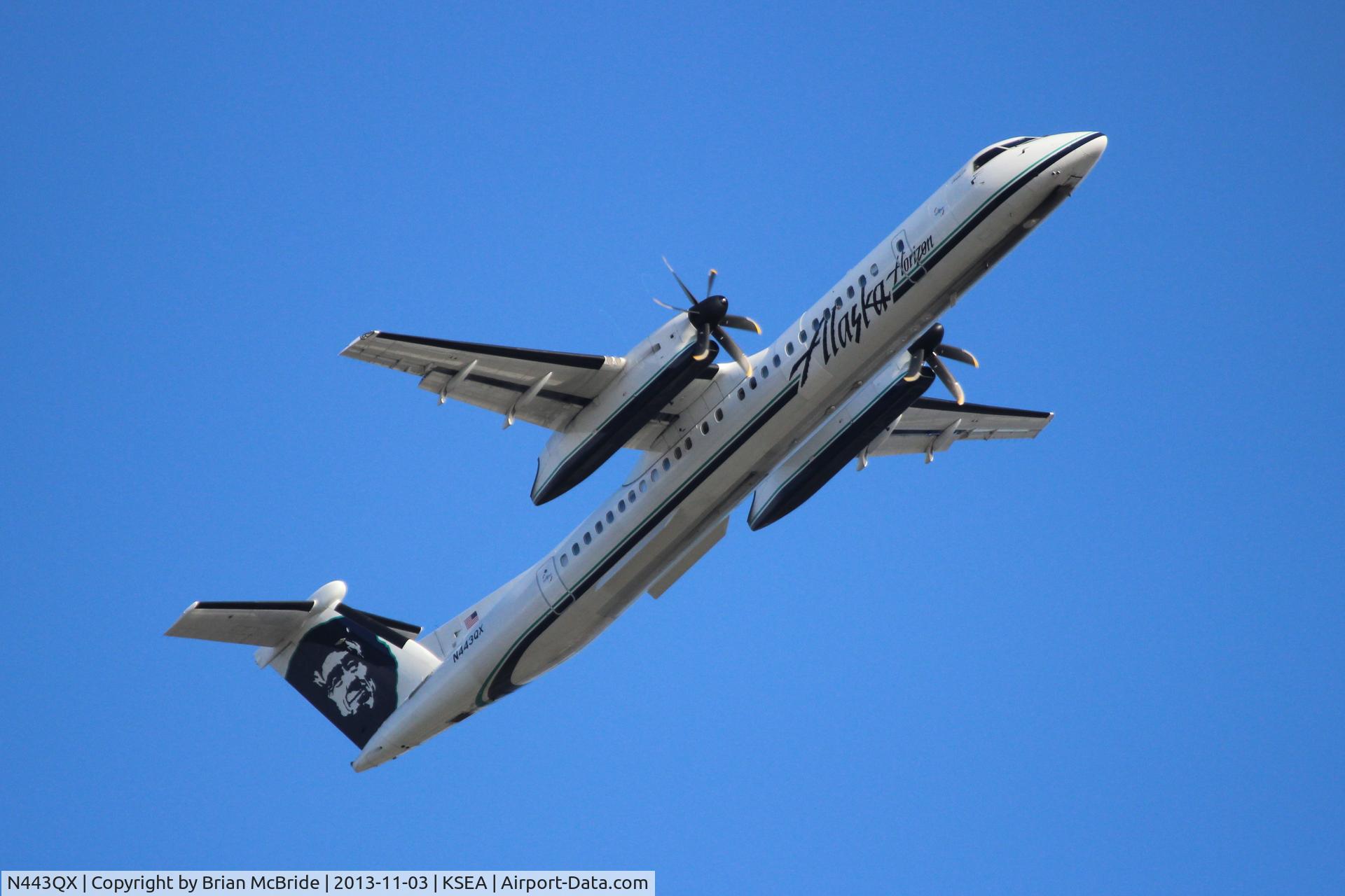 N443QX, 2010 Bombardier DHC-8-402 Dash 8 C/N 4353, Alaska Airlines (Horizon Air). De Havilland Canada DHC-8-402Q Dash 8. 443QX cn 4353. Seattle Tacoma - International (SEA KSEA). Image © Brian McBride. 03 November 2013