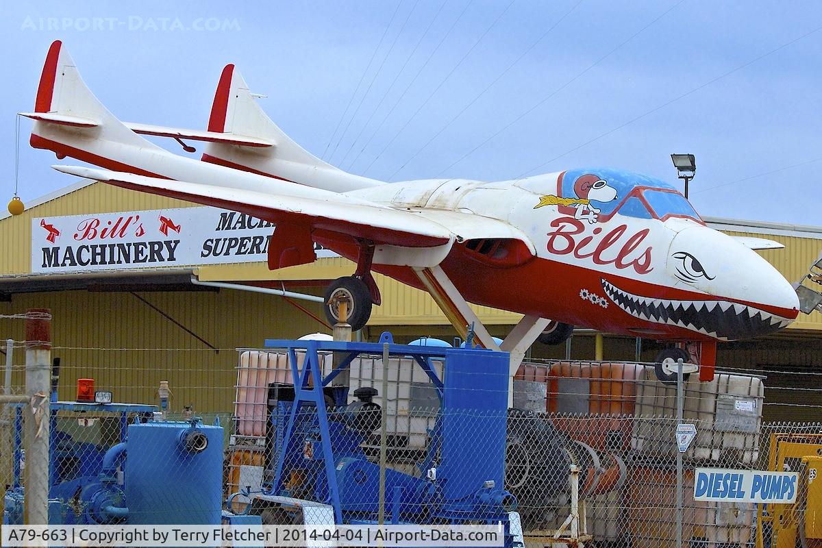 A79-663, De Havilland Australia DH-115 Vampire T.35 C/N DHA4185, A79-663 (BILLS), De Havilland Australia DH-115 Vampire T.35, c/n: DHA4185  in suburbs of northern Perth WA