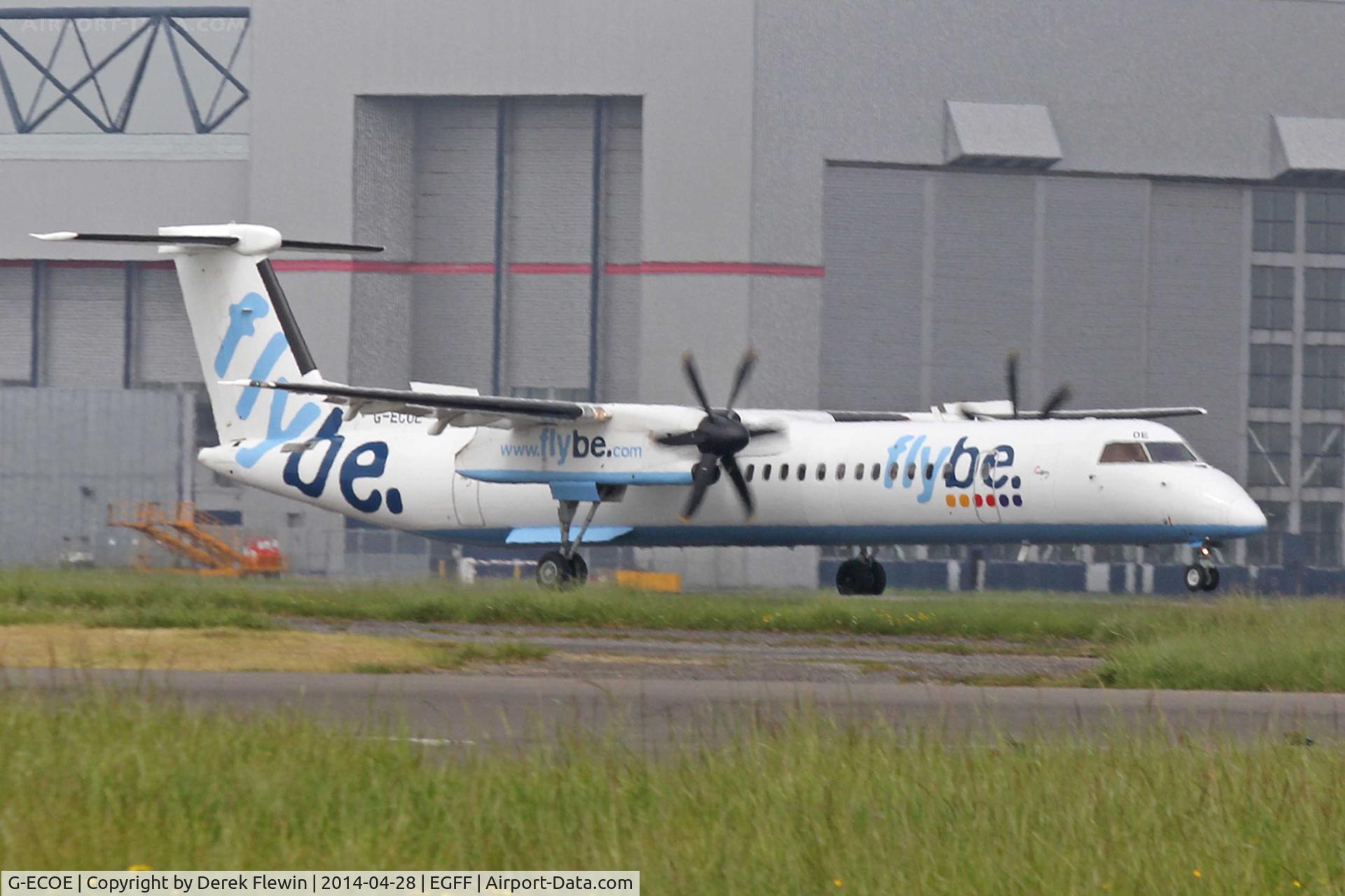 G-ECOE, 2008 De Havilland Canada DHC-8-402Q Dash 8 C/N 4212, Landing on runway 12 at EGFF,Jersey 9TP out of Belfast City.