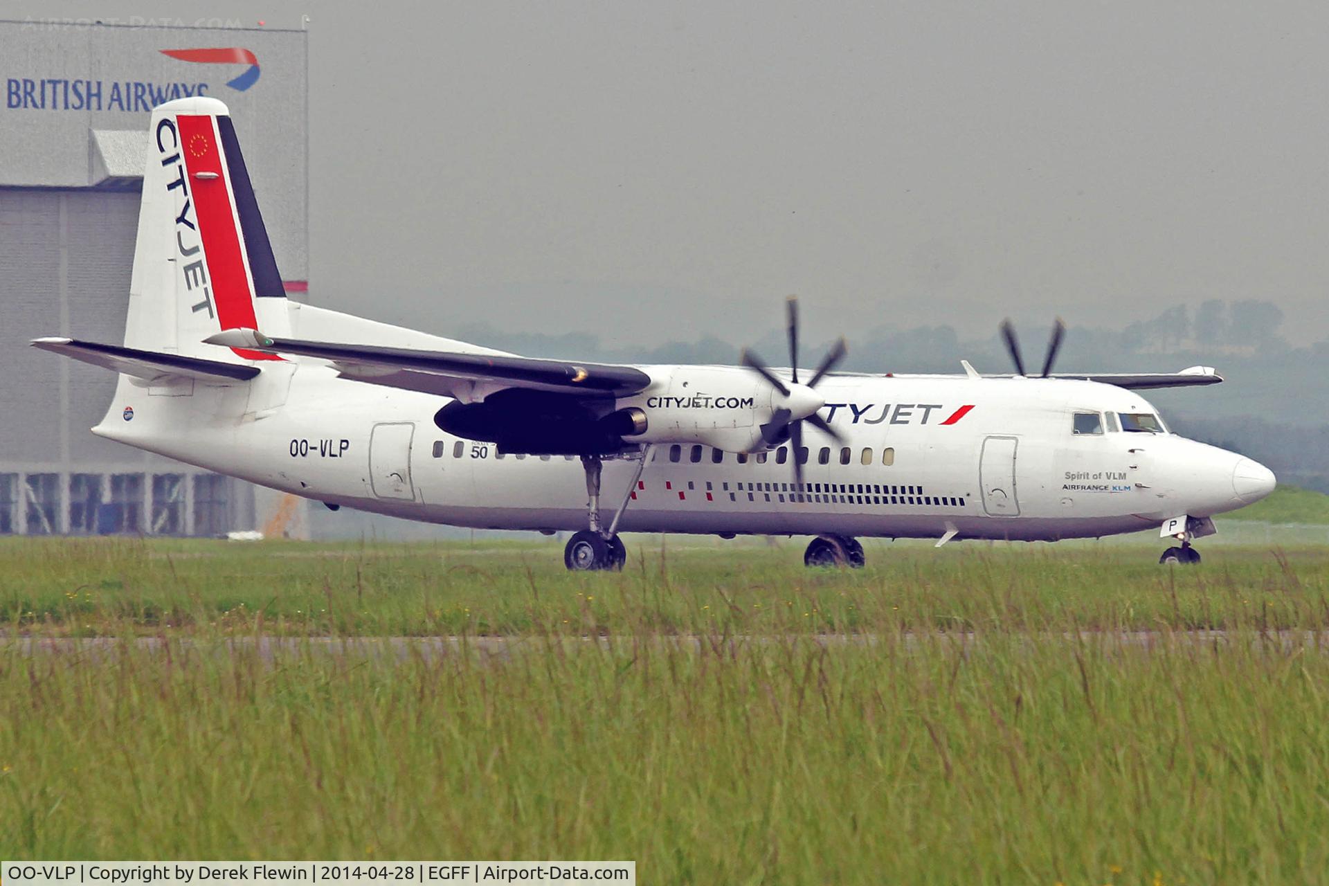 OO-VLP, 1991 Fokker 50 C/N 20209, landing on runway 12 at EGFF, City Ireland 03H out of Edinburgh
