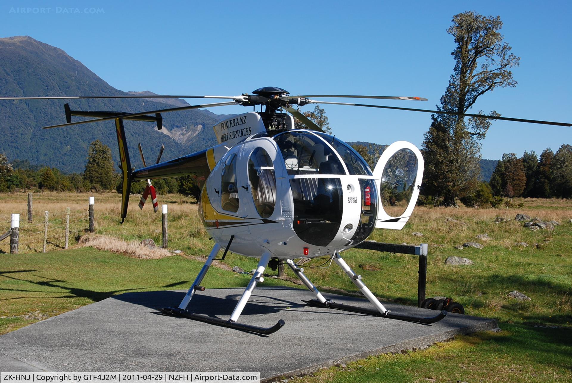 ZK-HNJ, Hughes 369D C/N 1280406D, ZK-HNJ  Fox /Franz Heli Services at Fox Glacier Heliport 29.4.11