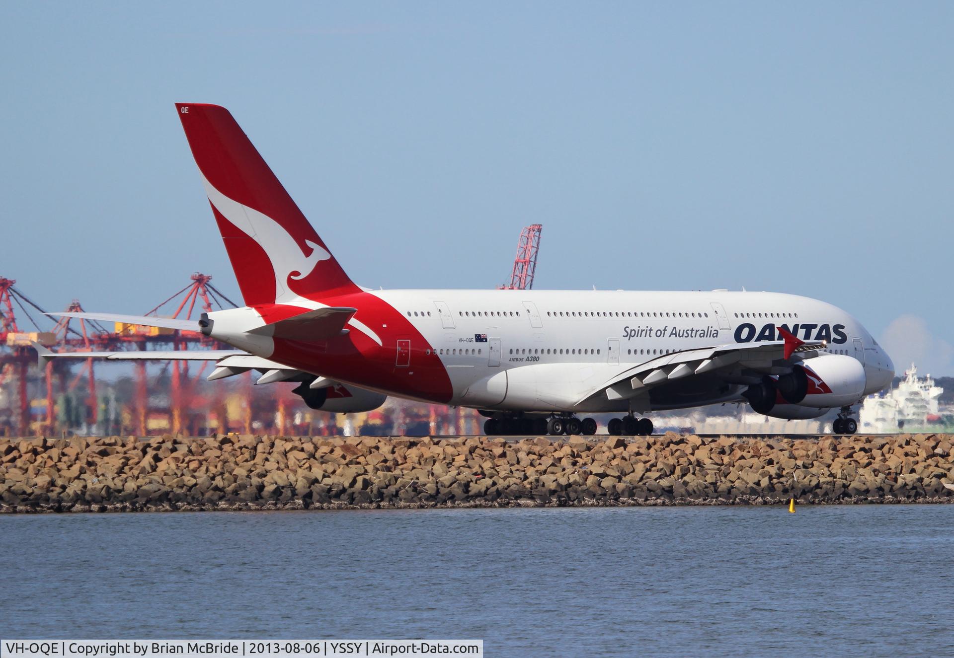 VH-OQE, 2009 Airbus A380-842 C/N 027, Qantas Airways. A380-842. VH-OQE cn 027. Sydney - Kingsford Smith International (Mascot) (SYD YSSY). Image © Brian McBride. 06 August 2013