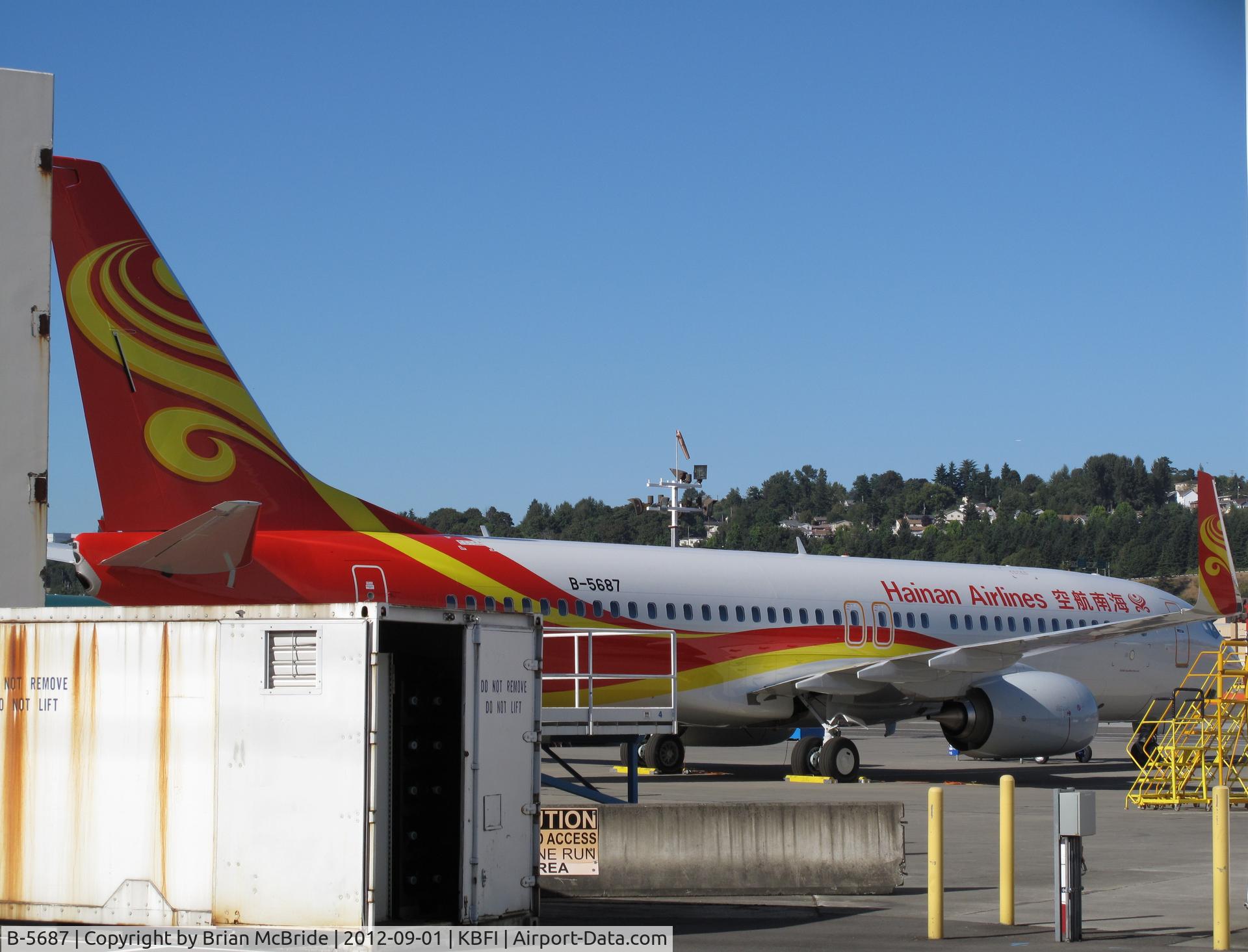 B-5687, 2012 Boeing 737-84P C/N 38157, Hainan Airlines. 737-84P. B-5687 cn 38157. Pre delivery. Seattle - Boeing Field King County International (BFI KBFI). Image © Brian McBride. 01 September 2012