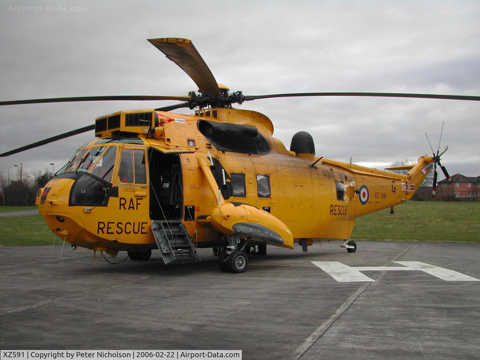 XZ591, 1978 Westland Sea King HAR.3 C/N WA857, Sea King HAR.3 of 202 Squadron at RAF Boulmer on a visit to the Cumberland Infirmary, Carlisle in February 2006.
