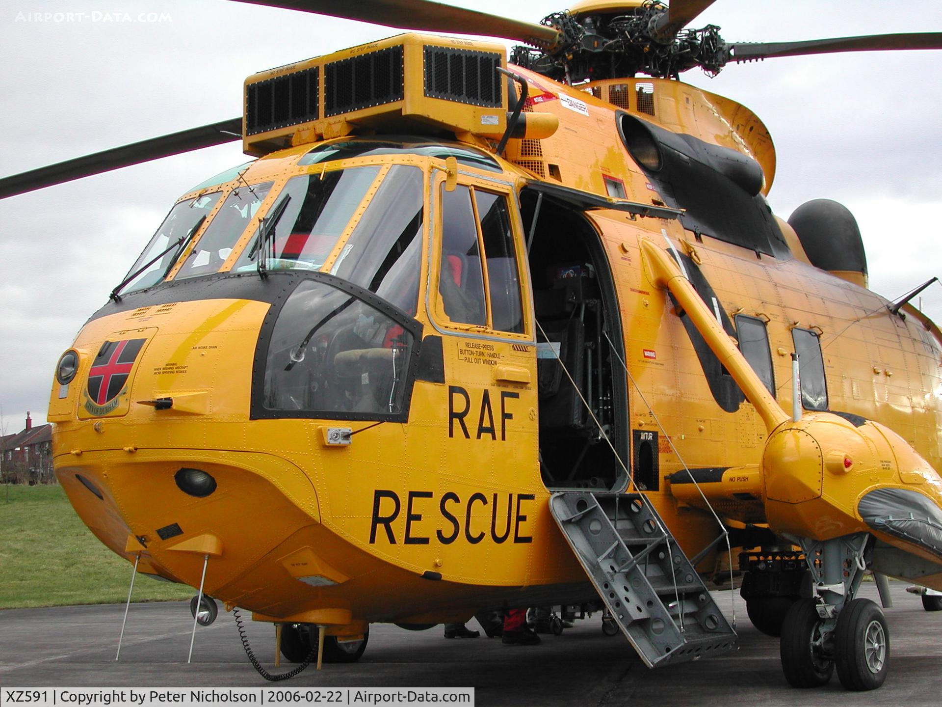XZ591, 1978 Westland Sea King HAR.3 C/N WA857, Another view of this Sea King HAR.3, callsign Rescue 131, of 202 Squadron at RAF Boulmer on a visit to the Cumberland Infirmary, Carlisle in February 2006.