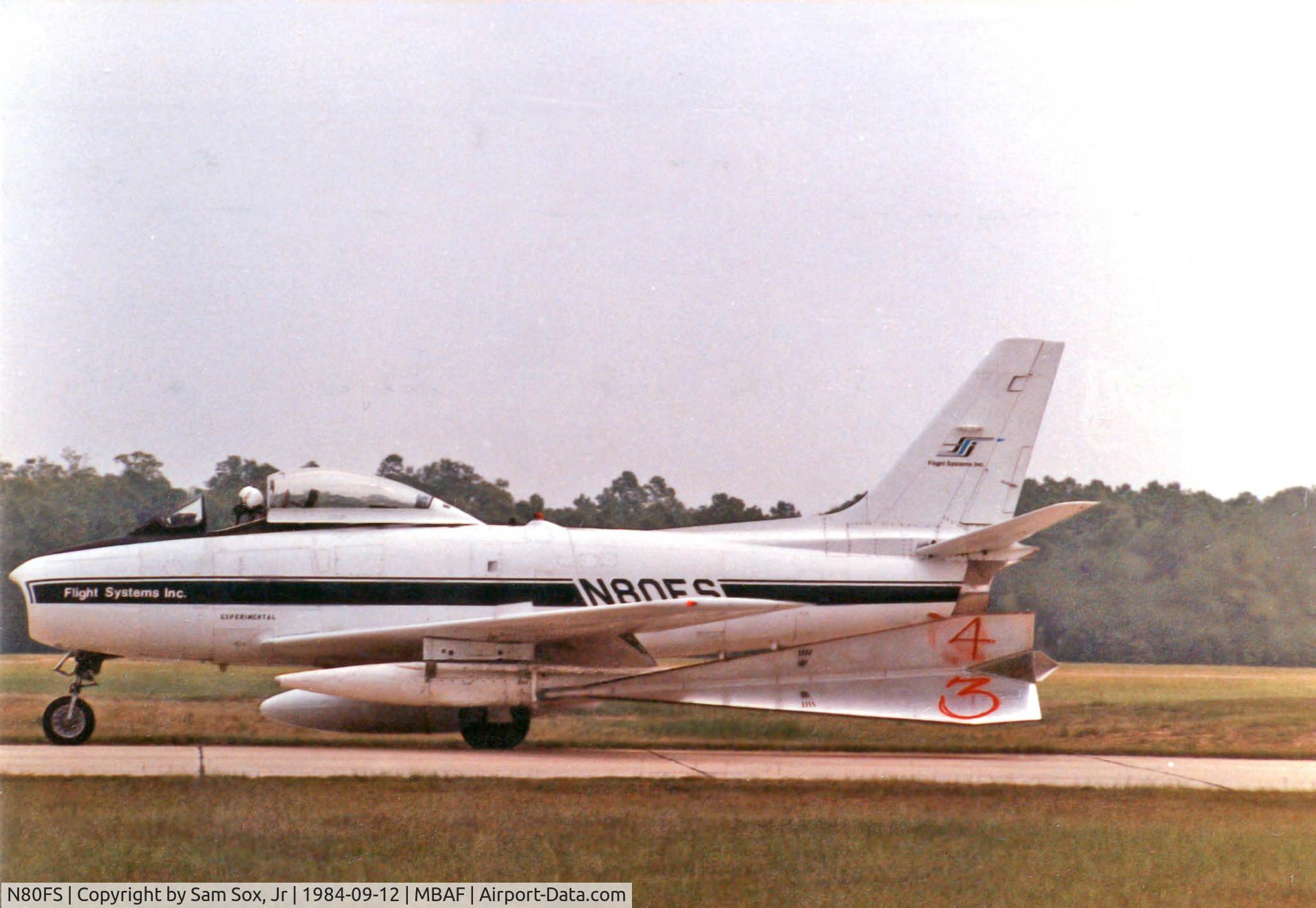 N80FS, 1958 Canadair CL-13B Sabre 6 C/N S6-1675, While visiting MBAFB Myrtle Beach SC Summer of 1984, photographed N80FS.  Was there providing aerial target for the A-10s based at the base.