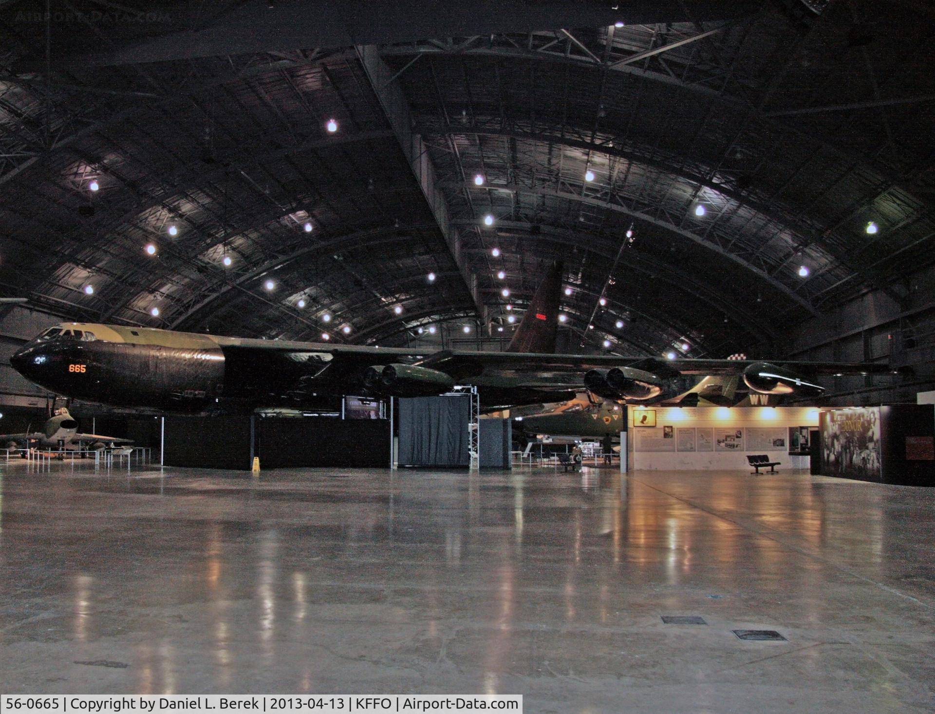 56-0665, 1956 Boeing B-52D-30-BW Stratofortress C/N 464036, The huge aircraft must be displayed at an angle; even then, the wings extend to the sides of the enormous hangar.