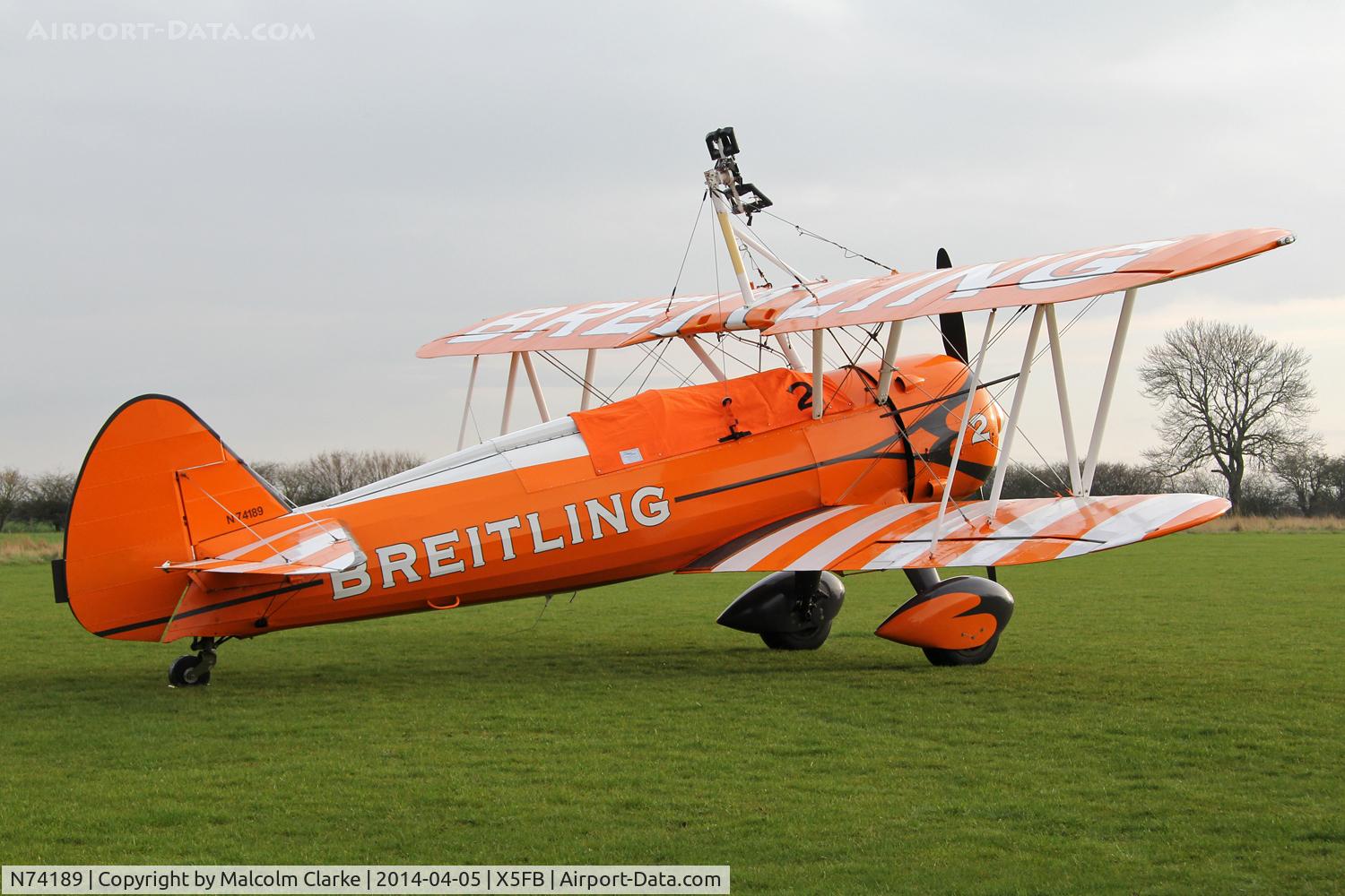 N74189, 1941 Boeing PT-17/R985 Kaydet (A75N1) C/N 75-717, The Breitling Teams Boeing PT-17 overnighting at Fishburn prior to their first UK performance in 2014 at Littlehavens Promenade & Seawall opening celebrations, South Shields. April 5th 2014.