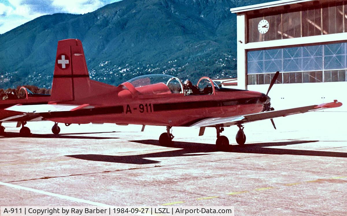 A-911, 1982 Pilatus PC-7 C/N 319, Pilatus PC-7 [319] (Swiss Air Force) Locarno~HB 27/09/1984. Taken from a slide.