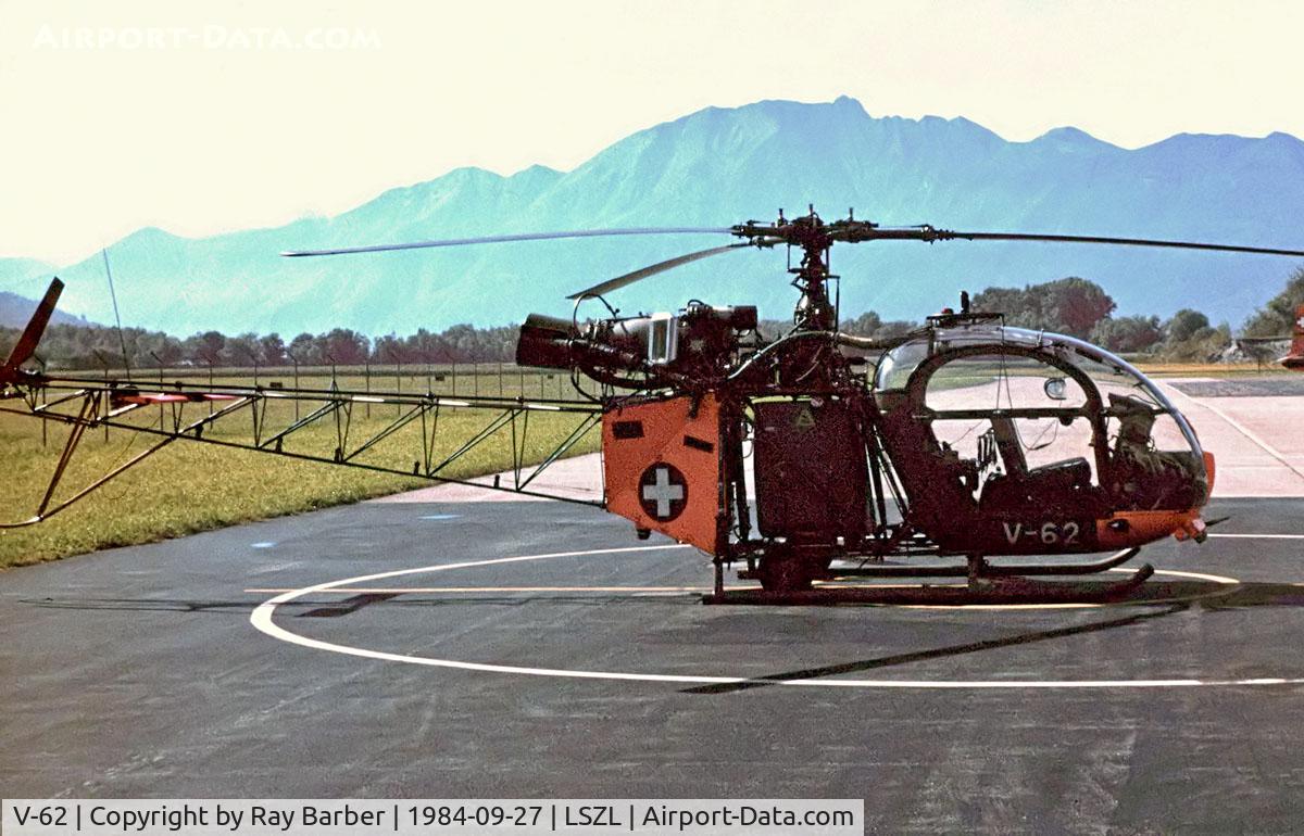 V-62, Sud SE-3130 Alouette II C/N 1914, Sud Aviation SE.3130 Alouette II [1914] (Swiss Air Force) Locarno~HB 27/09/1984. Taken from a slide.