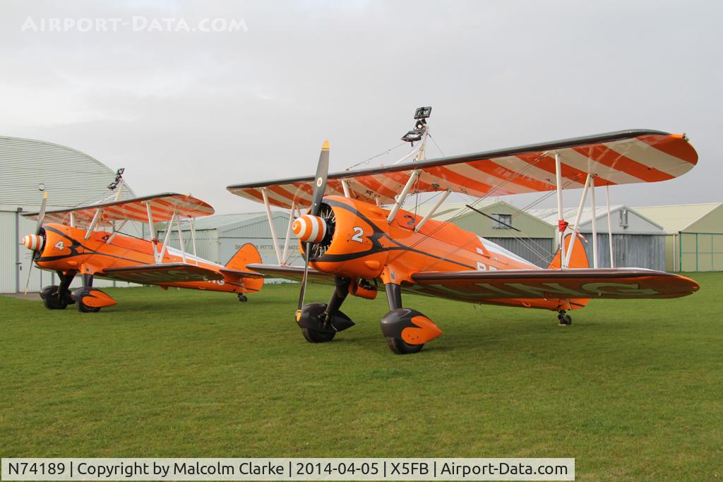 N74189, 1941 Boeing PT-17/R985 Kaydet (A75N1) C/N 75-717, The Breitling Teams Boeing PT-17 together with Boeing B.75N-1 Stearman SE-BOG, overnighting at Fishburn prior to their first UK performance in 2014 at Littlehavens Promenade & Seawall opening celebrations, South Shields. April 5th 2014.