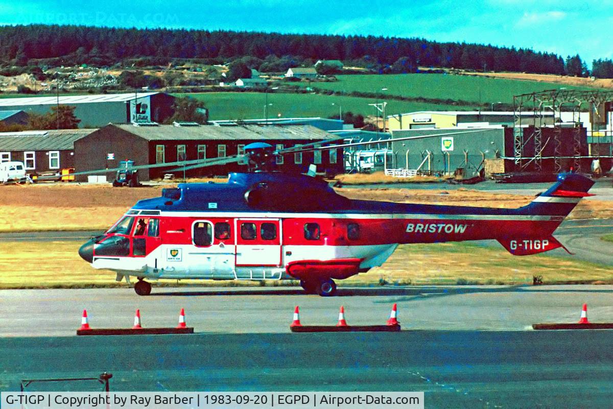 G-TIGP, 1983 Aerospatiale AS-332L Super Puma C/N 2064, Aerospatiale SA.332L Super Puma [2064] (Bristow Helicopters Ltd) Aberdeen-(Dyce)~G 20/09/1983. Taken from a slide.