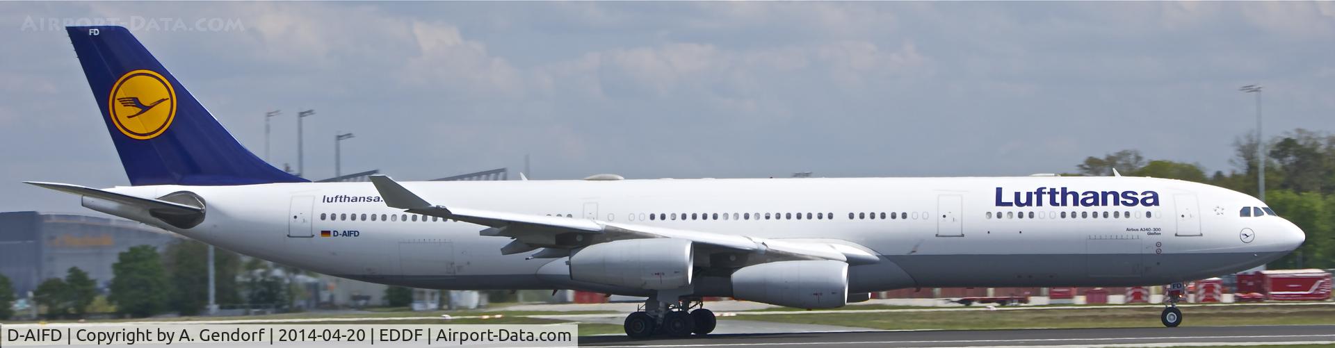 D-AIFD, 2001 Airbus A340-313X C/N 390, Lufthansa, is here speeding up RWY 18 at Frankfurt Rhein/Main Int'l(EDDF), bound for Kuwait City Int'l Airport(OKBK)