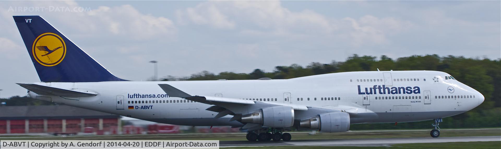 D-ABVT, 1997 Boeing 747-430 C/N 28287, Lufthansa, is here departing RWY 18 at Frankfurt Rhein/Main Int'l(EDDF) bound for Bangalore(VOBL)