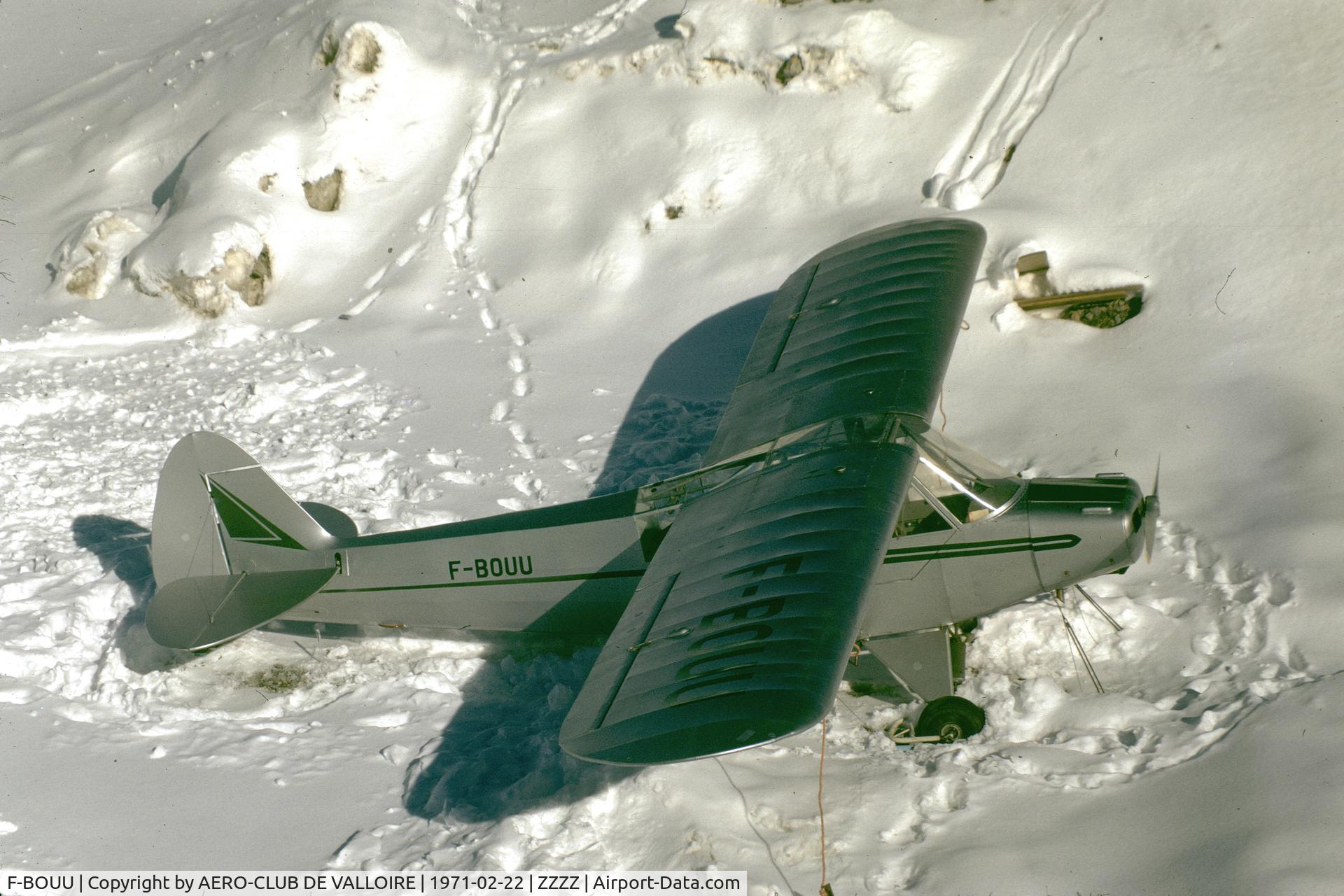 F-BOUU, 1951 Piper L-18C Super Cub (PA-18-95) C/N 18-1551, Valloire-Bonnenuit (LF7332) in FEB_1971. This mountain airstrip opened a year before in DEC_1969. Scanned Kodachrome slide.