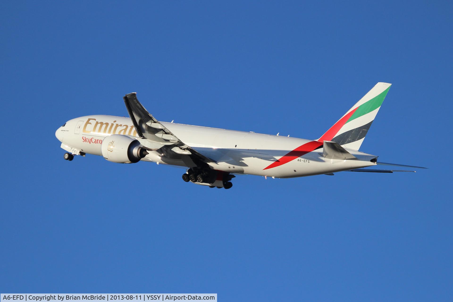 A6-EFD, 2009 Boeing 777-F1H C/N 35606, Emirates SkyCargo. 777-F1H. A6-EFG cn 35613 996. Sydney - Kingsford Smith International (Mascot) (SYD YSSY). Image © Brian McBride. 11 August 2013