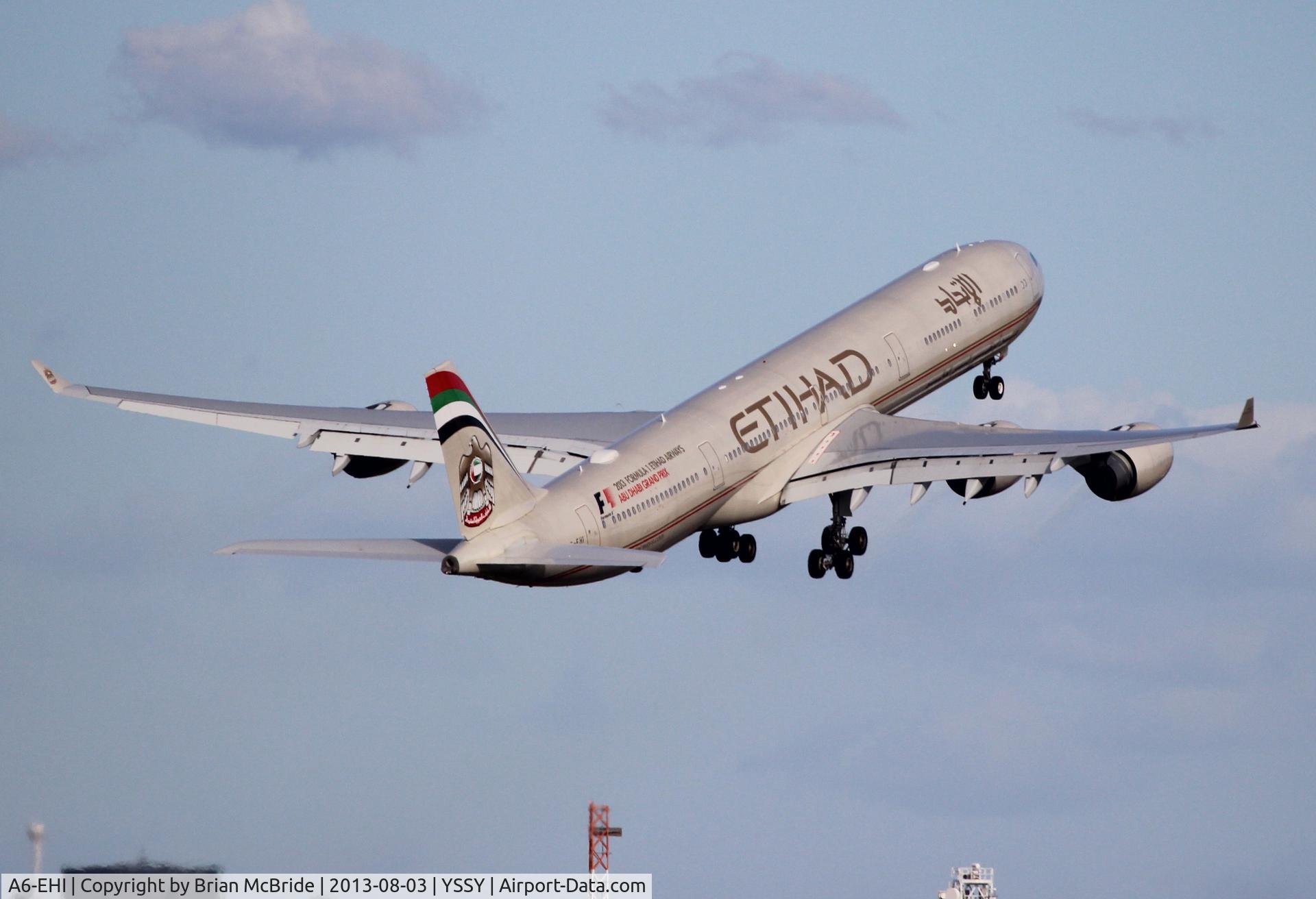 A6-EHI, 2008 Airbus A340-642X C/N 929, Etihad Airways. A340-642. A6-EHI cn 929. Sydney - Kingsford Smith International (Mascot) (SYD YSSY). Image © Brian McBride. 03 August 2013