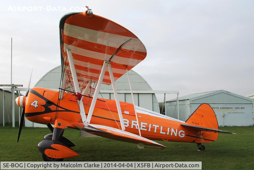 SE-BOG, 1942 Boeing N2S-3 Kaydet (B75N1) C/N 75-7128, The Breitling Teams Boeing B.75N-1 Stearman SE-BOG, overnighting at Fishburn prior to a first UK performance in 2014 at Littlehavens Promenade & Seawall opening celebrations, South Shields. April 5th 2014.