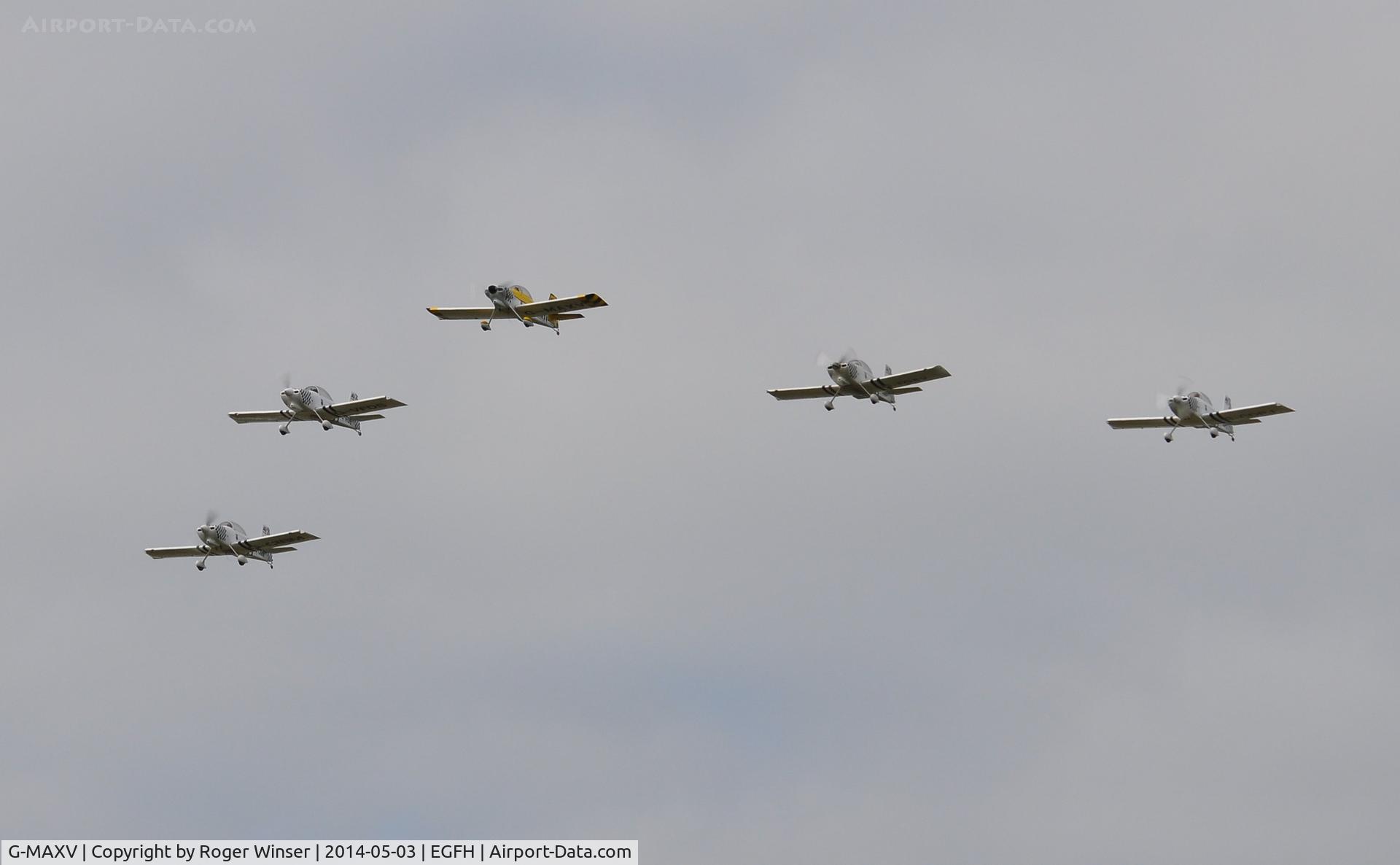 G-MAXV, 2000 Vans RV-4 C/N PFA 181-13266, G-MAXV (Raven 1) leading Team Raven on thier first day of 5 ship formation aerobatic practice. Seen making a pass over Runway 22 before landing. The team gained Public Display Authorisation on 7th May 2014.