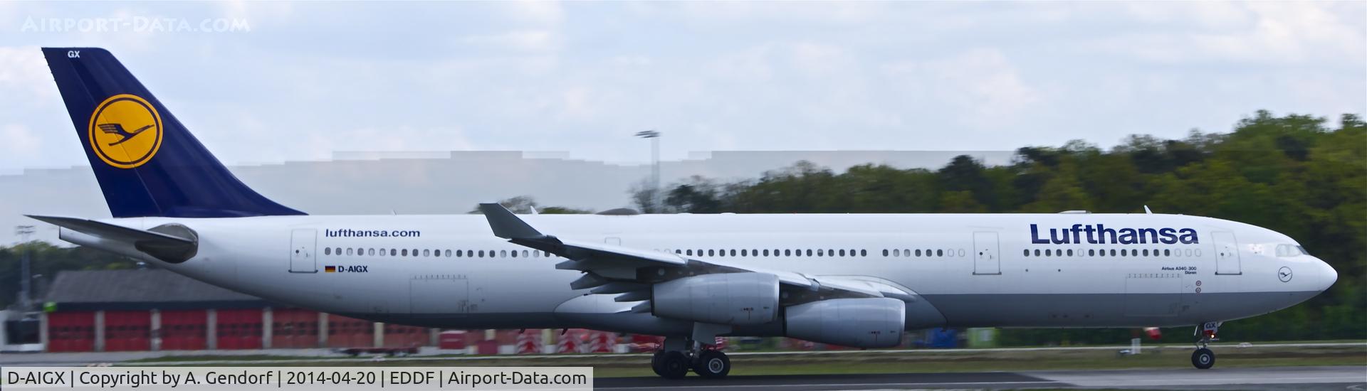 D-AIGX, 2000 Airbus A340-313X C/N 354, Lufthansa, is here speeding up on RWY18 at Frankfurt Rhein/Main Int'l(EDDF)