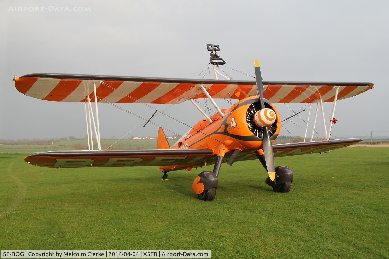 SE-BOG, 1942 Boeing N2S-3 Kaydet (B75N1) C/N 75-7128, The Breitling Teams Boeing B.75N-1 Stearman SE-BOG, overnighting at Fishburn prior to a first UK performance in 2014 at Littlehavens Promenade & Seawall opening celebrations, South Shields. April 5th 2014.