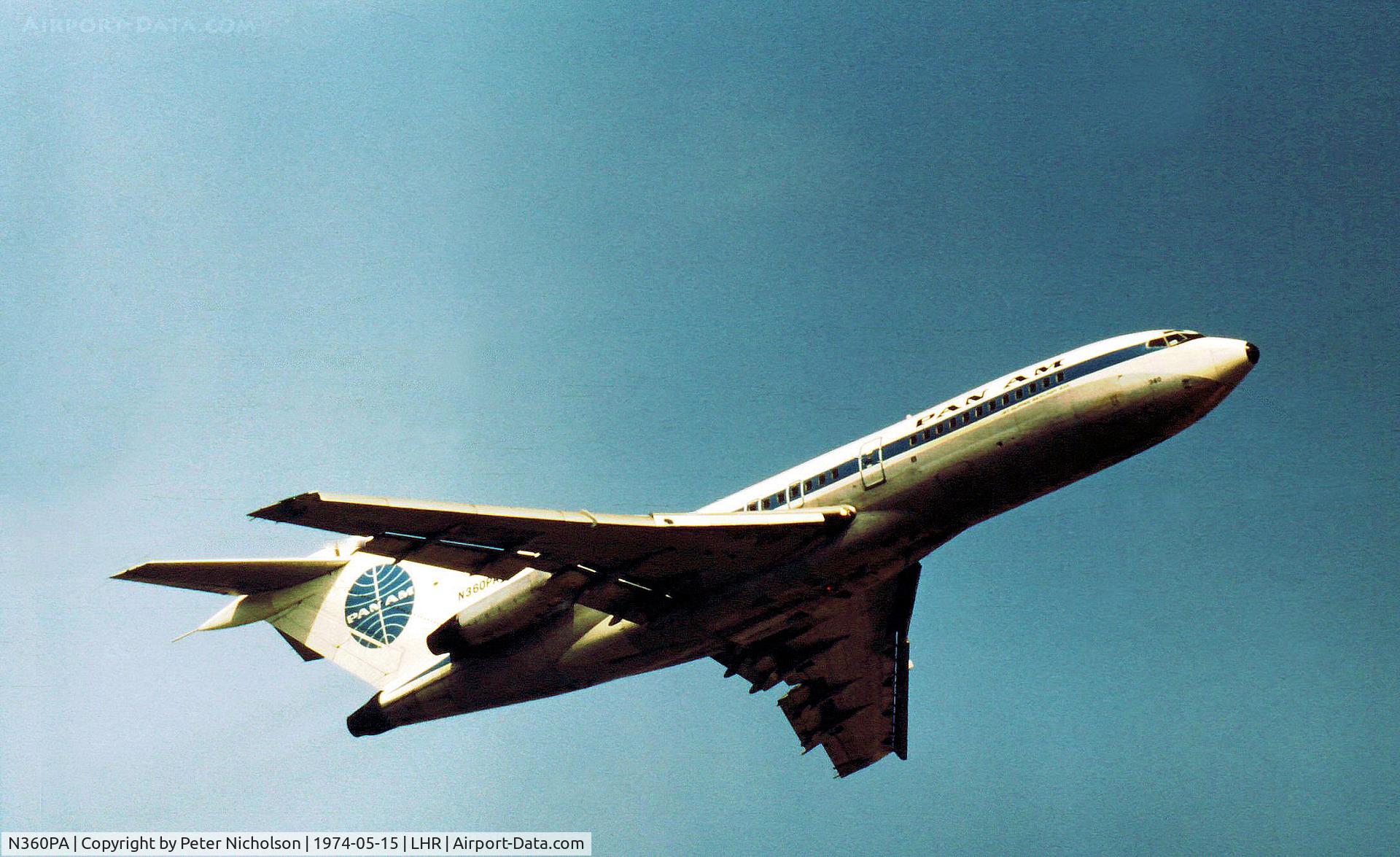 N360PA, 1973 Boeing 727-230 C/N 20676, Boeing 727-21 of Pan American World Airways departing Heathrow in May 1974.
